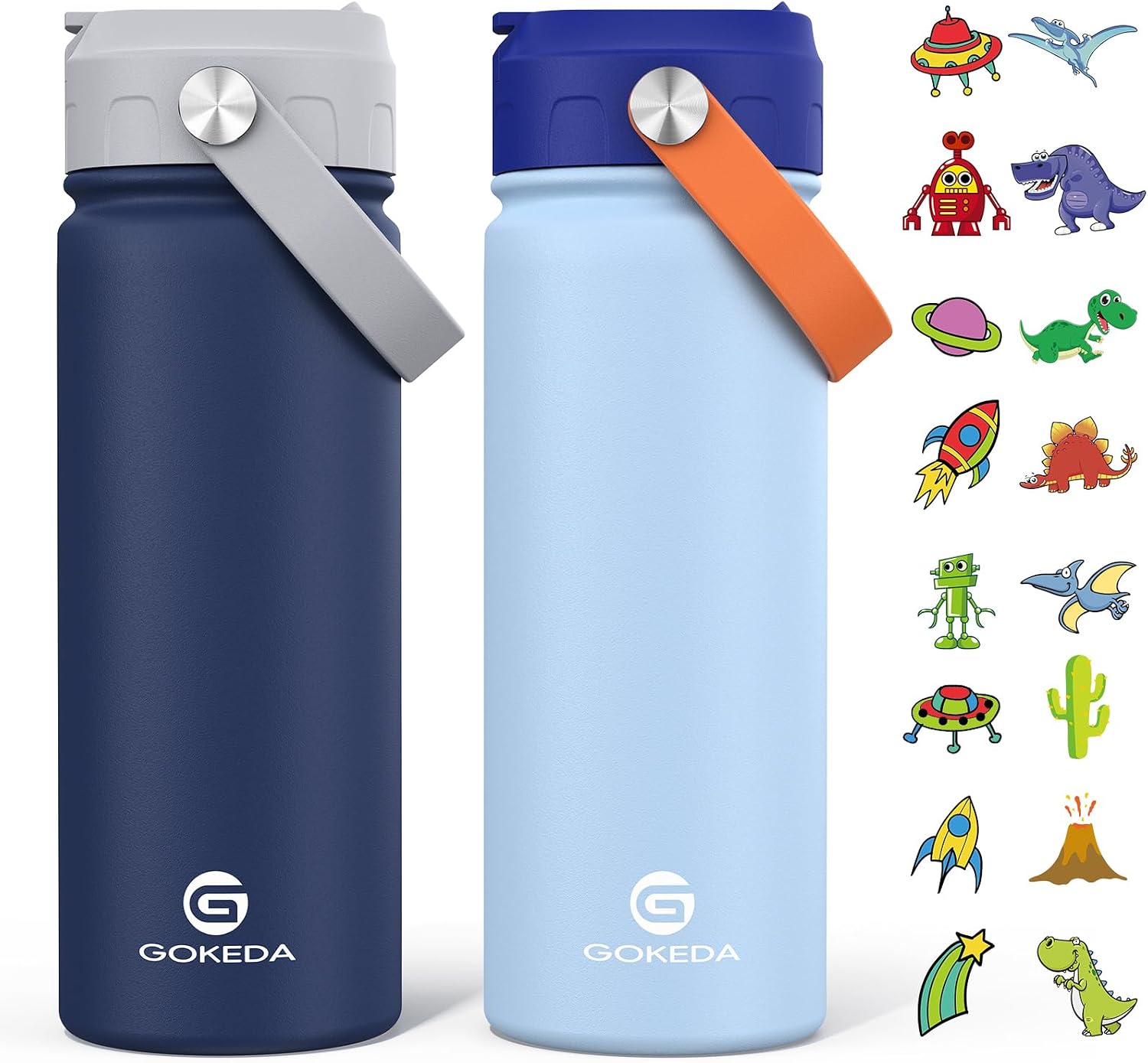 GoKEDA 18oz Kids Water Bottle, 2 Pack Stainless Steel Straw Cup | DIY Stickers, BPA-Free, Stainless Steel, Keeps Cold 24h, Leak-proof, Dust-Proof Lid, Sturdy, School, Gifts