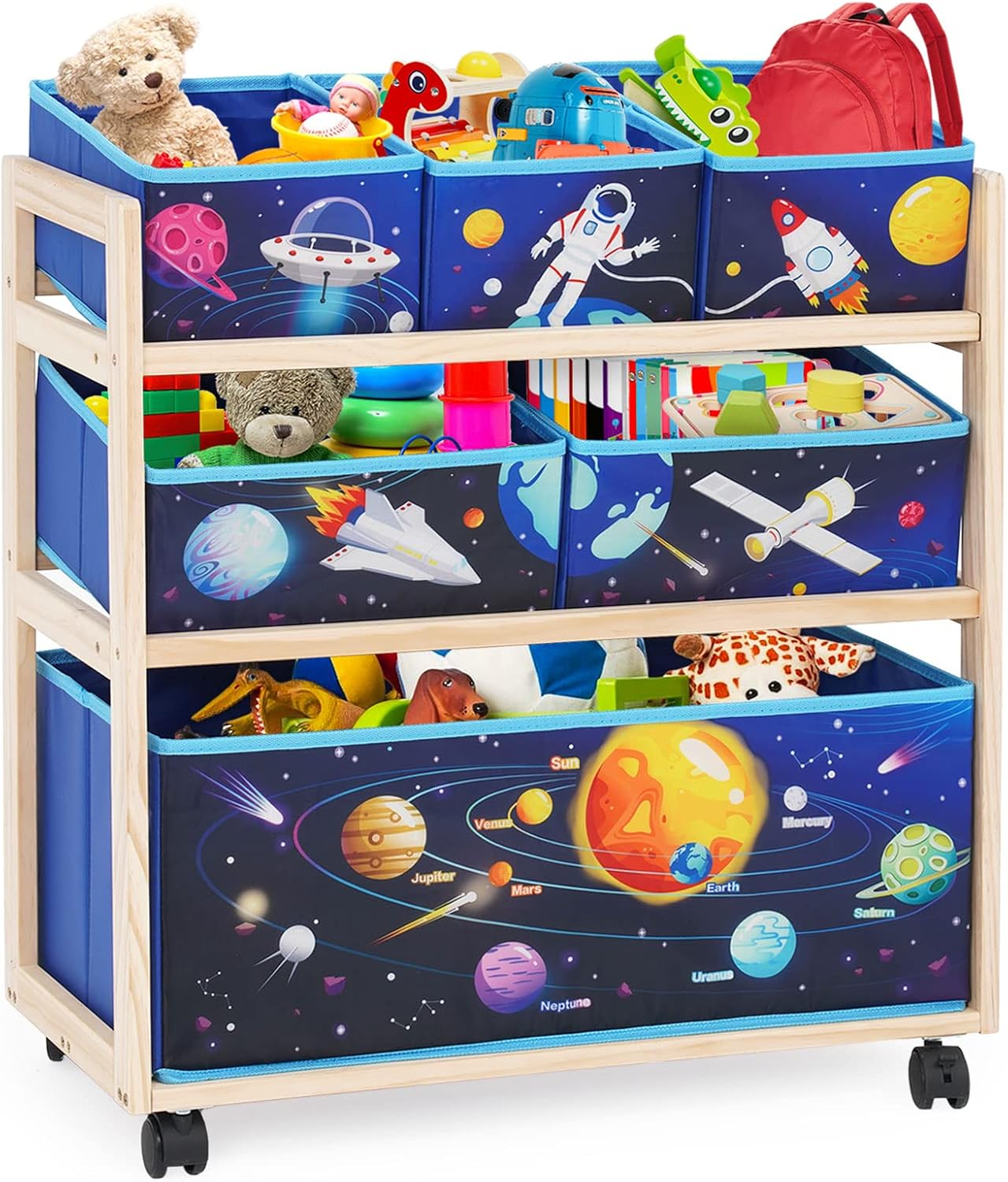 Jomifin Toy Storage Cart with Wheels, Organizer for Kids Blue Galaxy | Sturdy pine wood frame with 360° rolling wheels & brakes. 6 removable foldable fabric bins. Compact design saves space.