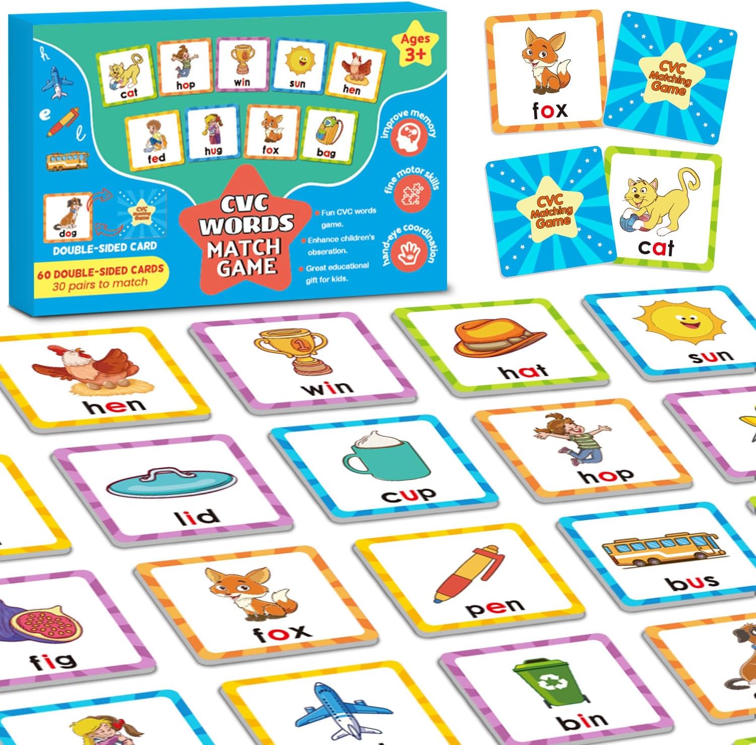 CVC Word Games Kindergarten, Memory Games for Kids Ages 4-8 & Matching Game | for Toddlers 3-5, 60 PCS Phonics Games Flash Cards, Educational Toys Homeschool Bakc to School Supplies for Boys and Girls