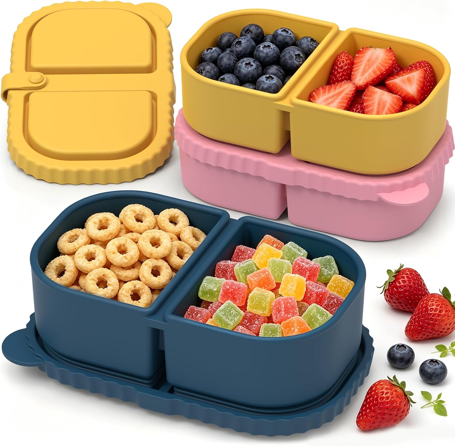 ICEROYCE 3 Pack Silicone Snack Containers for Kids, 2 Compartment Lunch Box | 8 oz Capacity, Leakproof Lid, Food Grade Silicone, Separate Compartments for School Lunch, Daycare and Travel