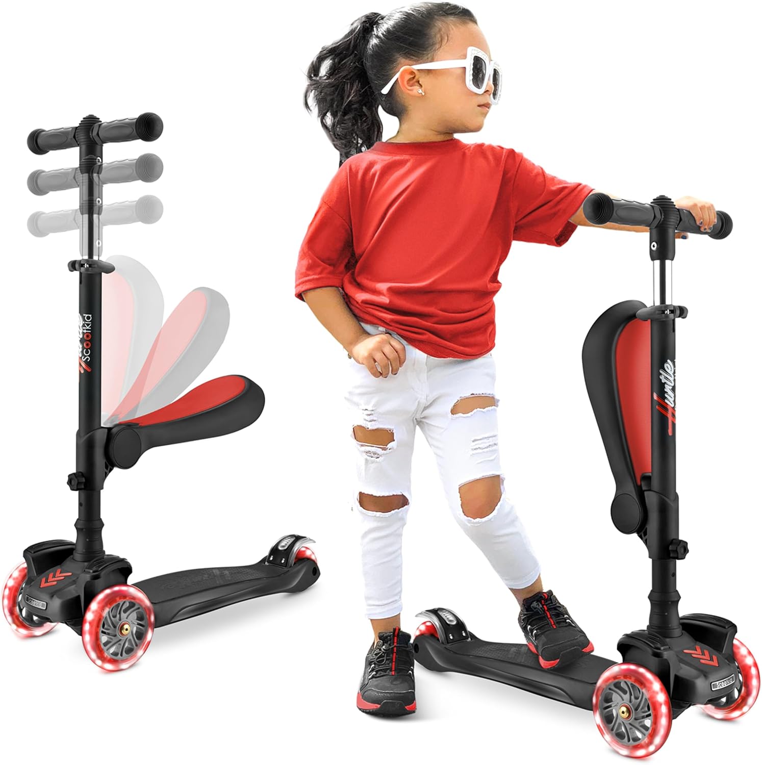 Hurtle 3-Wheeled Scooter for Kids – Wheel LED Lights, Adjustable Lean-to-Steer Handlebar, and Foldable Seat – Sit or Stand Ride with Brake for Boys and Girls Ages 1-14 Years Old