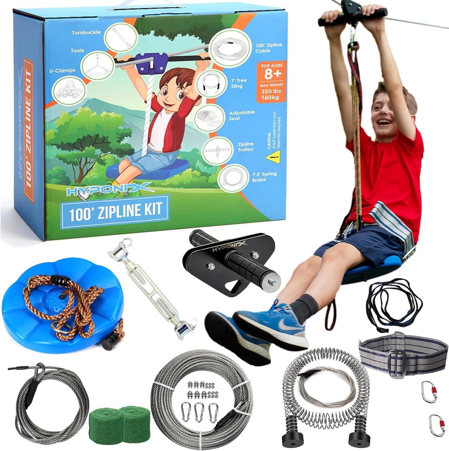 Hyponix Zip Line Kit for Backyard Kids and Adults 100 ft, Up to 350 Lbs | Outdoor & Backyard Zipline w/ Safety Harness, Ratchet Quick Setup, Spring Brake, Removable Trolley, Rustproof Stainless Steel