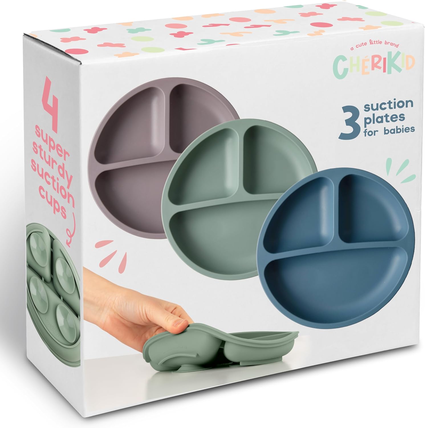 ChériKid Toddler Plates with Suction, Silicone Suction Plates for Baby | FEATURES SUPER STRONG QUADRUPLE SUCTION – 100% Food Grade Silicone – Unbreakable Divided Kids Plates