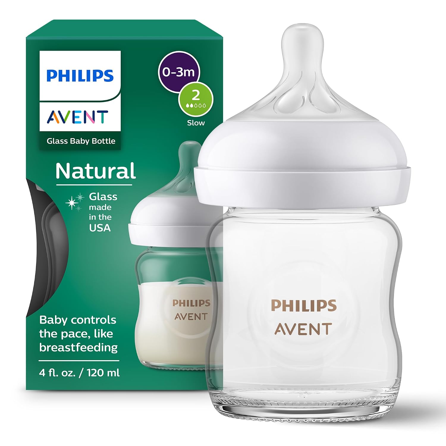 Philips Avent Natural Glass Baby Bottle, Slow Flow, 4 oz, BPA-Free, 1-Pack | Borosilicate Glass, Baby-Controlled Flow, No-Drip Design, Reduces Colic and Gas with Anti-Colic Valve, SCY910/01