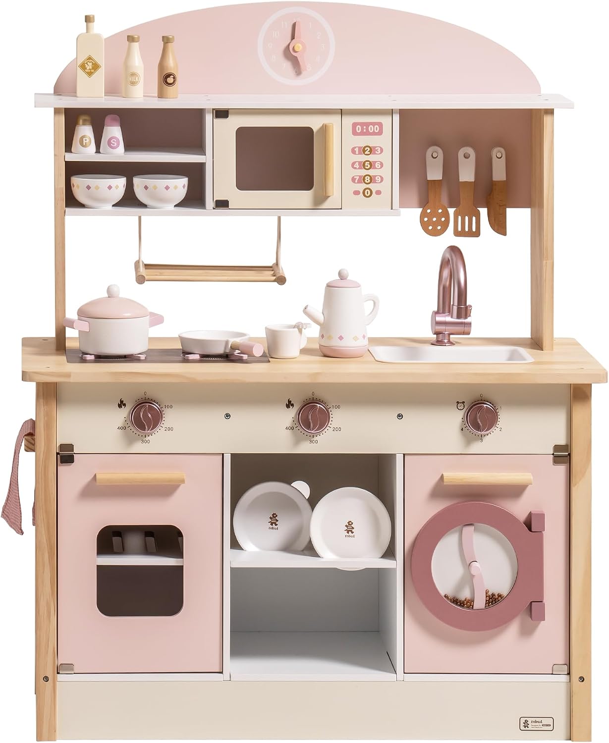 ROBUD Play Kitchen for Kids Toddlers, Wooden Play Kitchen, Toy Kitchen Set | Realistic Accessories, Plenty of Play Features, Modern Style Toy Kitchen for Girls & Boys, Gift for Ages 3+, Pink