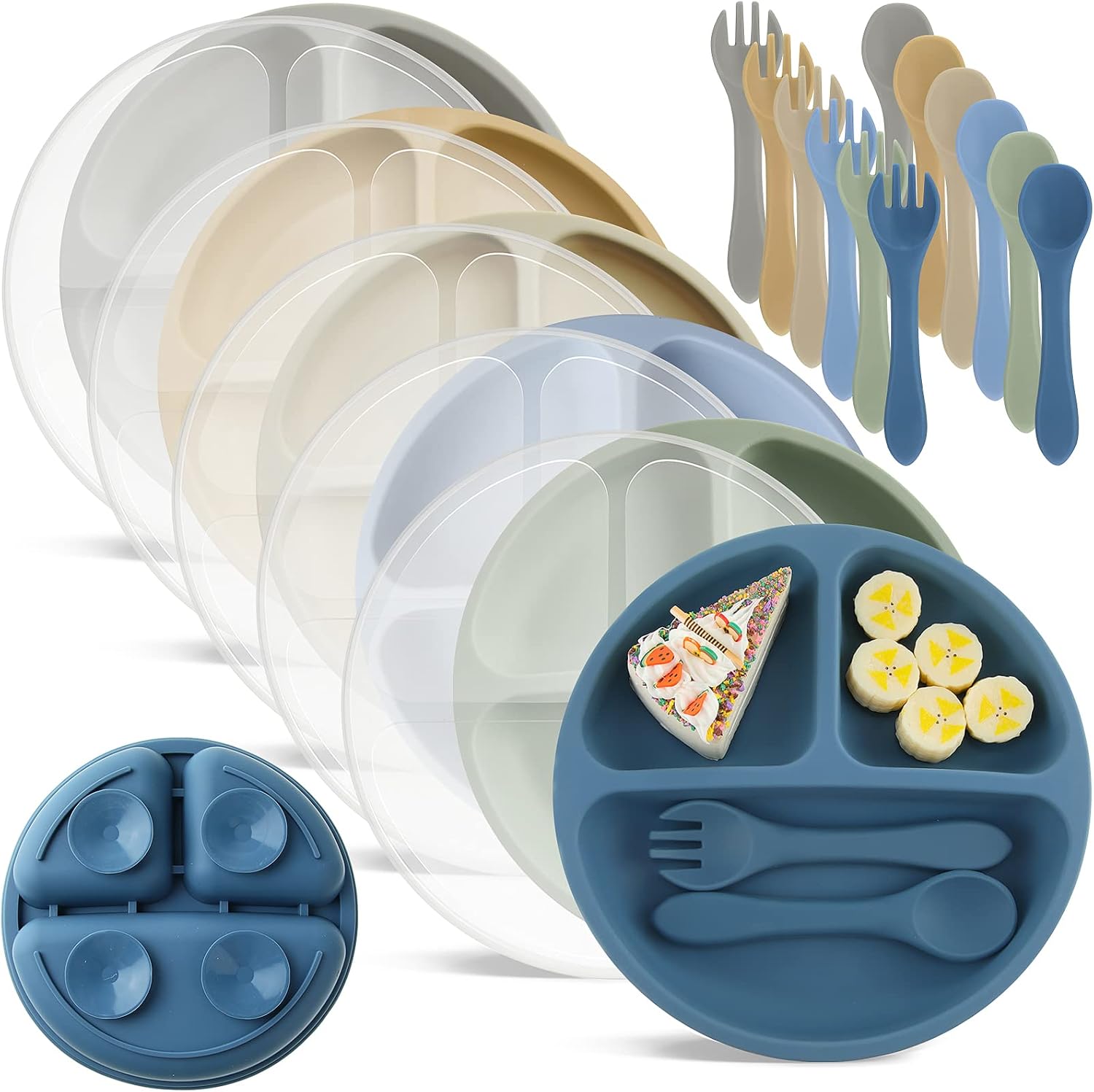 6 Pack Suction Plates for Toddlers with Lids Silicone Baby Plates set Food Grade Silicone Divided Design Microwave and Dishwasher Safe Assorted Colors(Elegant Colors)