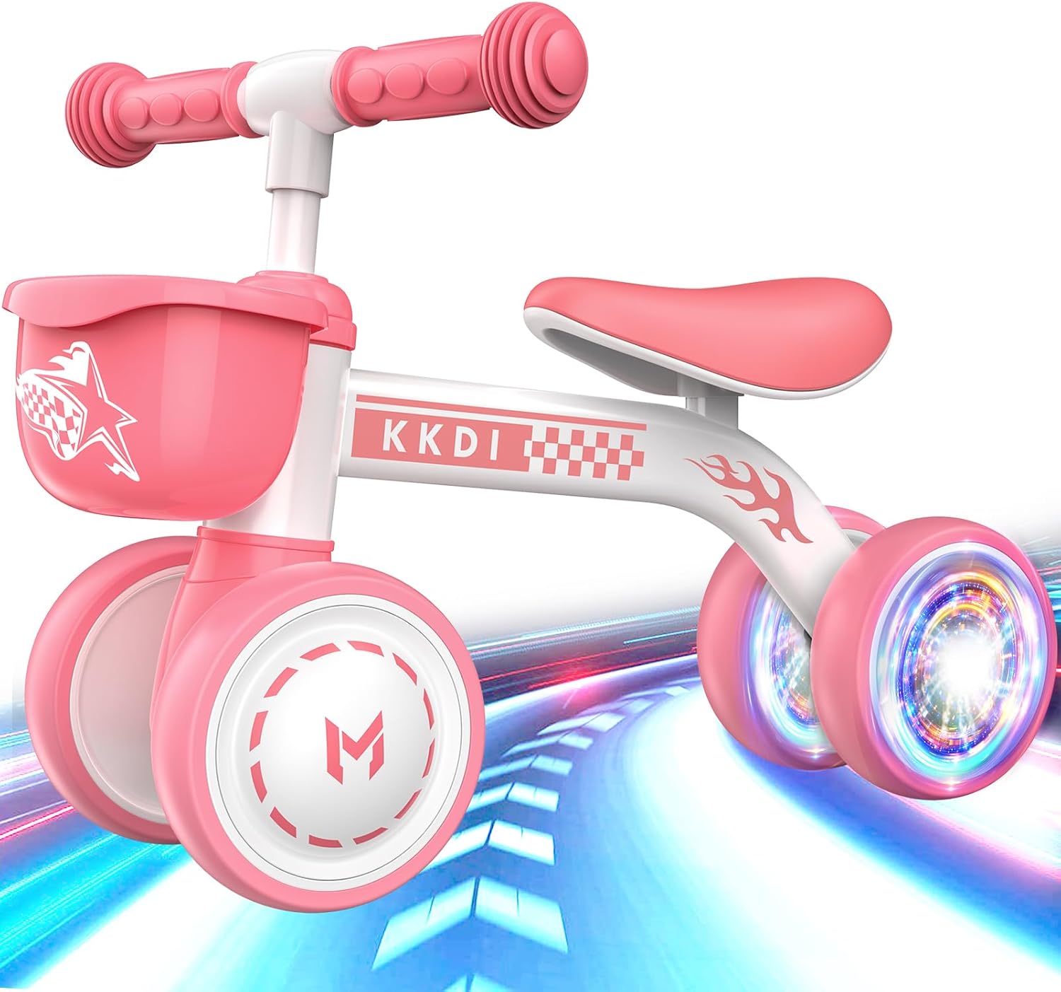 Kkdi Baby Balance Bike Ride on Toys for 1 2 Year Old, Pink Toddler Bike, First Birthday Gifts for 1 2 Year Old Girls, Baby Indoor Outdoor Toy, Colorful Lighting Silent Wheels, No Pedal/Basket