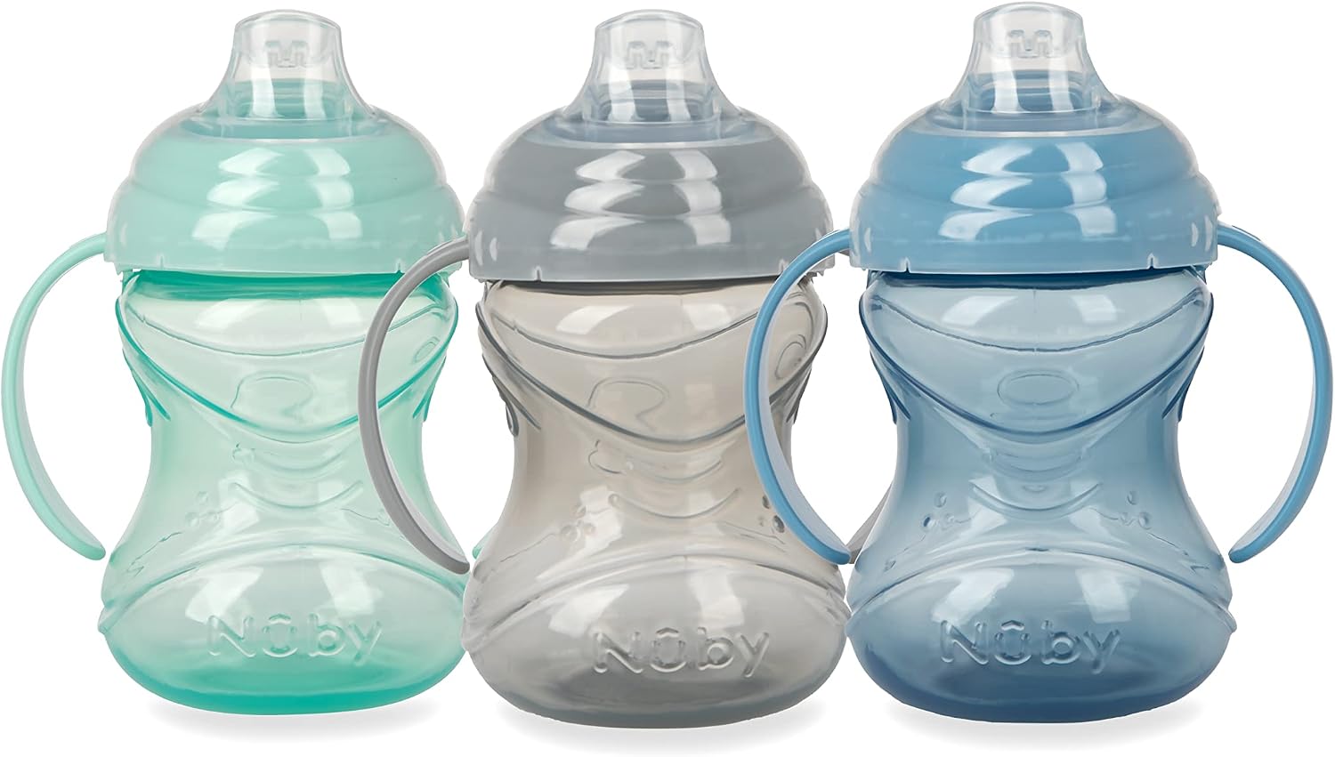 Nuby 3 Count No-Spill Grip N’ Sip Cup – 10 oz | Silicone Soft Flex Spout – 2 Handles – Clik It Lock Feature – Blue/Gray/Aqua