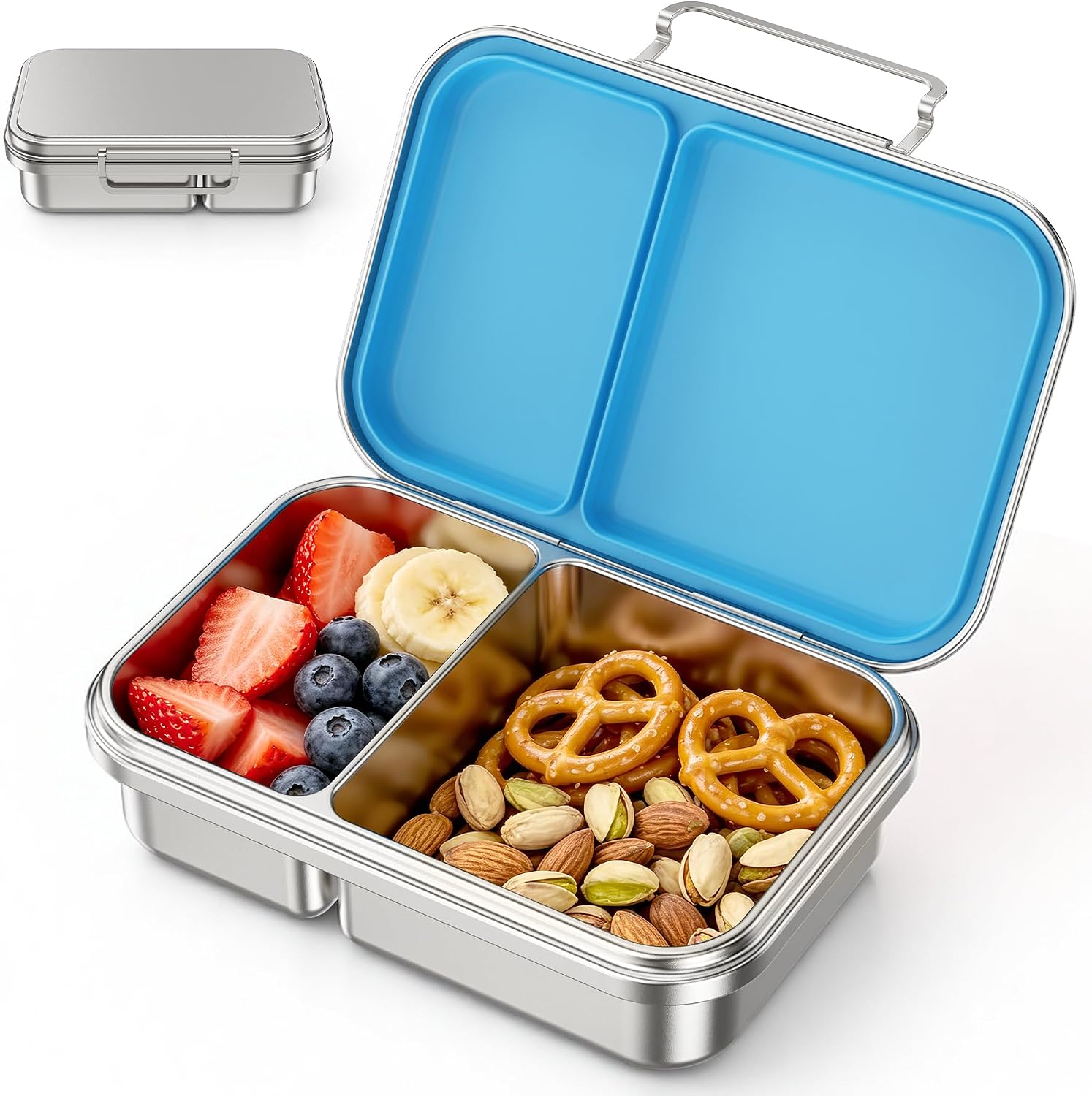 Pawtong Stainless Steel Bento Box for Kids, 2 Compartment Food Grade Metal Lunch Box Container, Leak Proof Silicone Lid, Dishwasher Safe Reusable Snack Box for School Travel Picnic, BPA Free (Blue)