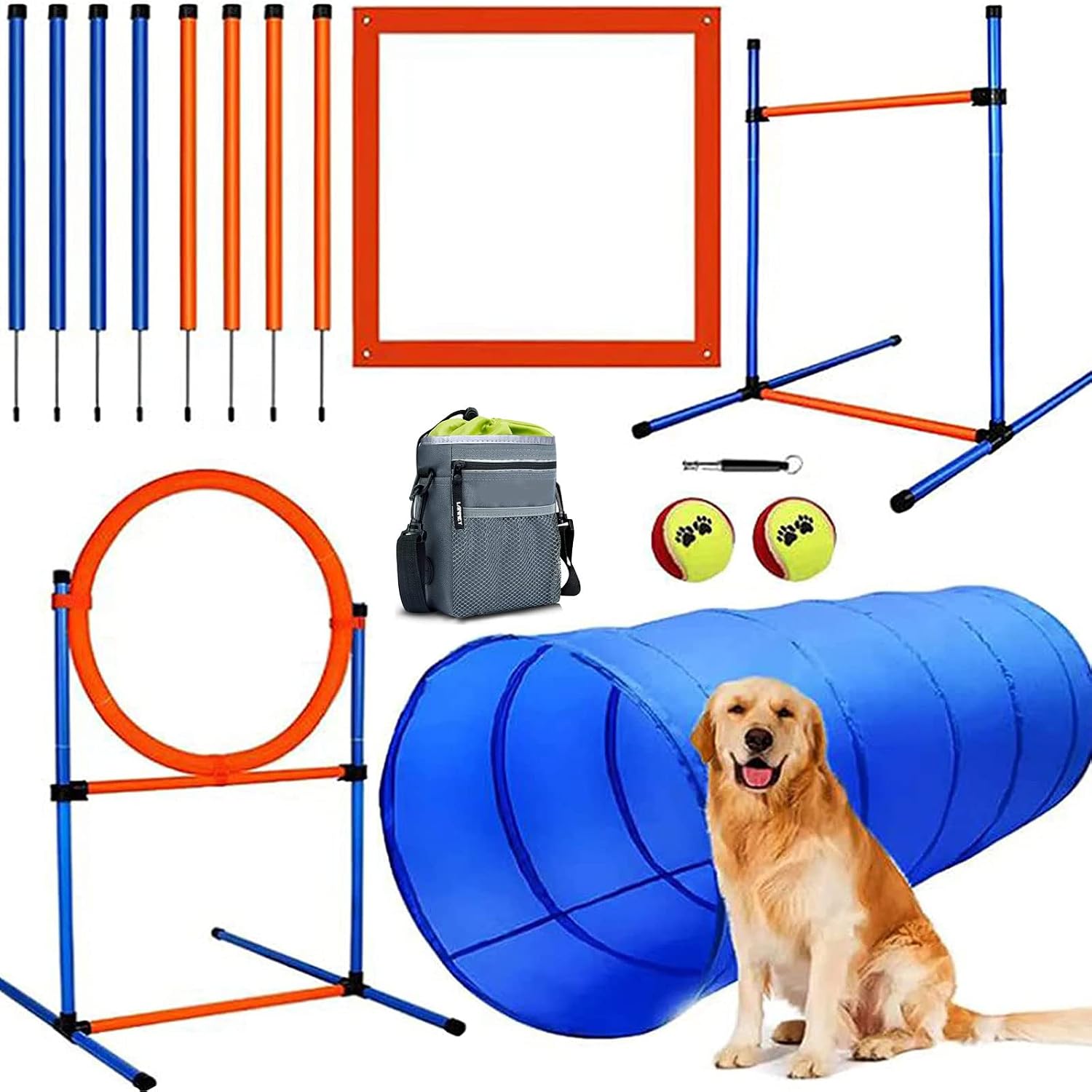 Dog Agility Training Equipment, 60-piece Dog Obstacle Course Training Starter Kit Pet Outdoor Game with Tunnel, Agility Hurdle, Weave Poles, Jump Ring, Pause Box, Toy Balls and Storage Bag | Training Starter Set: 8 Weave Poles, Adjustable Hurdle, Jump Ring, Tunnel, Pause Box, Balls, Whistle, Pouch and 2 Carry Bags