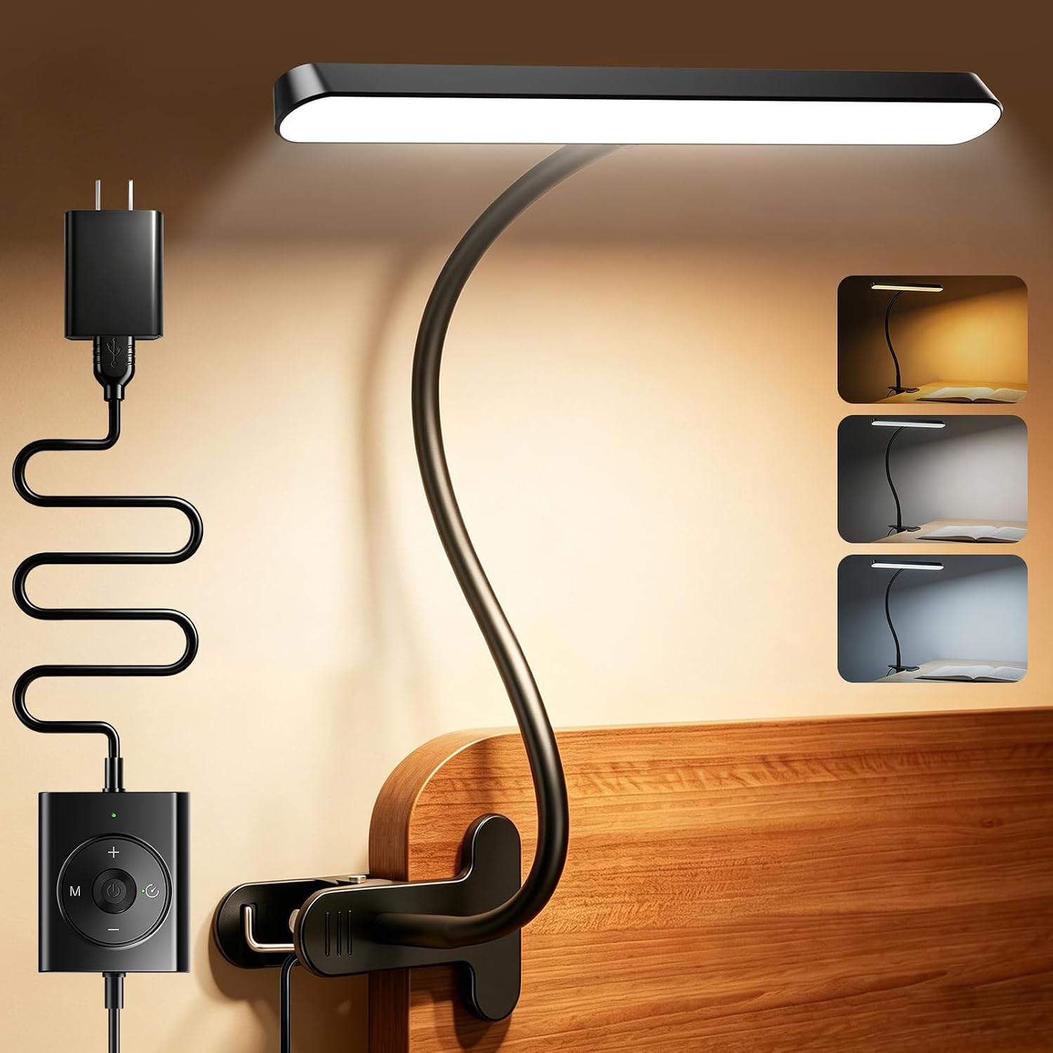Glocusent 7W Clip on Light, 57 LED Reading Light for Bed, Amber Mode &Timer | 5 Brightness & 3 Colors for Bedside, 2.75″ Desk Lamp, USB Powered Clip on Lamp for Bunk/Headboard/Table/Work/Craft