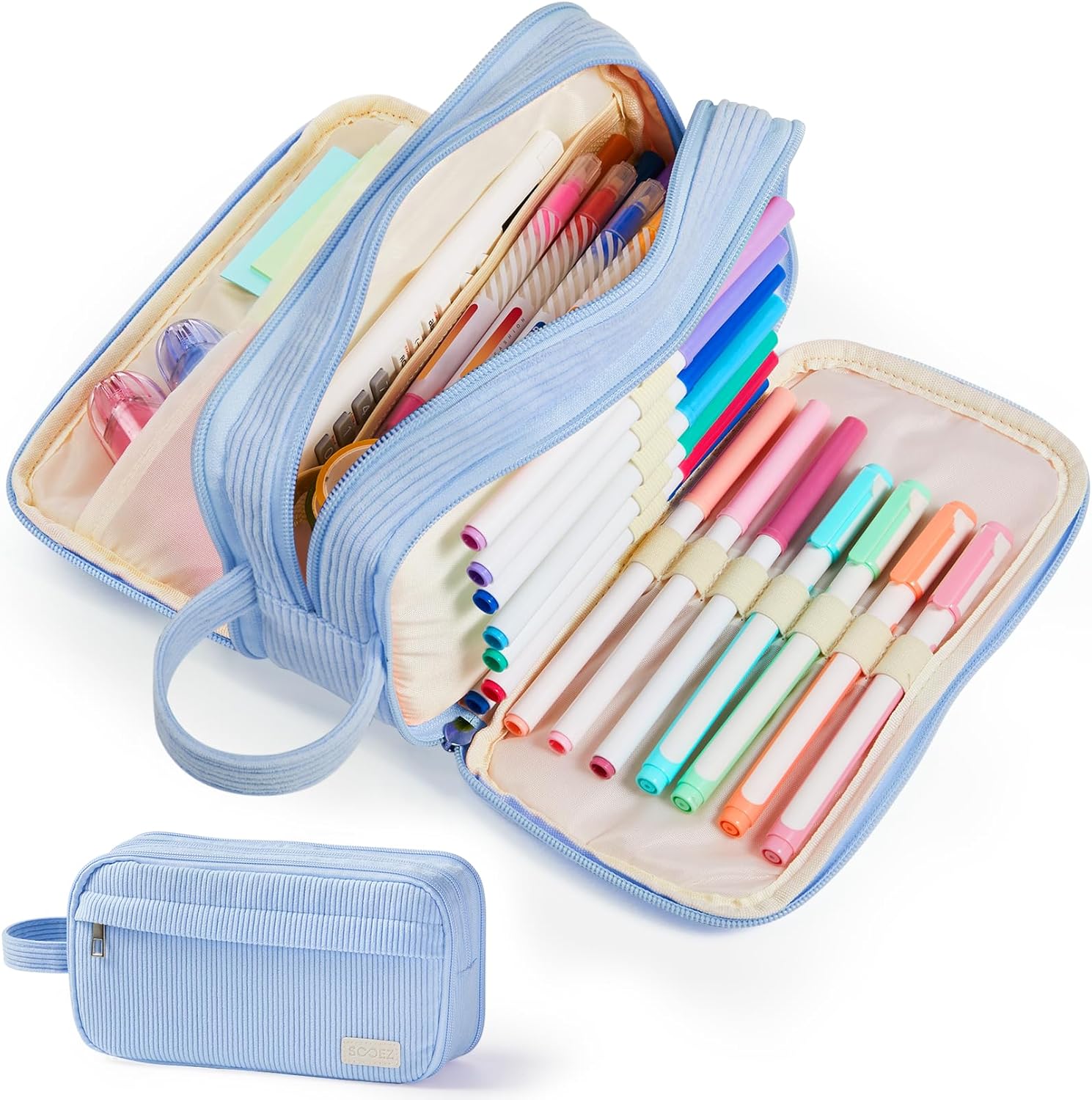 Sooez High Capacity Pencil Case, Soft Corduroy Pencil Pouch | Large Pencil Bag with 4 Compartments, Sturdy Zipper, Cute Pencil Case Pouch Organizer for Student Teen Girls, Blue