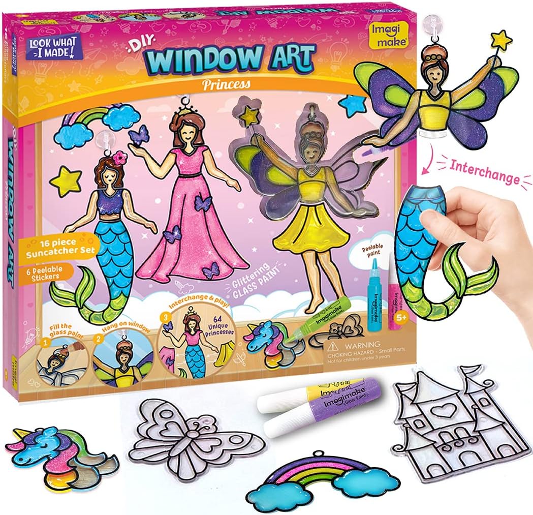 Imagimake Window Art – Princess, DIY Mess-Free 16 Pieces Suncatcher Kit | Stained Glass Painting Craft Activity for Kids, Birthday Gift for Girls Ages 5,6,7,8,9,10,12 Years Old