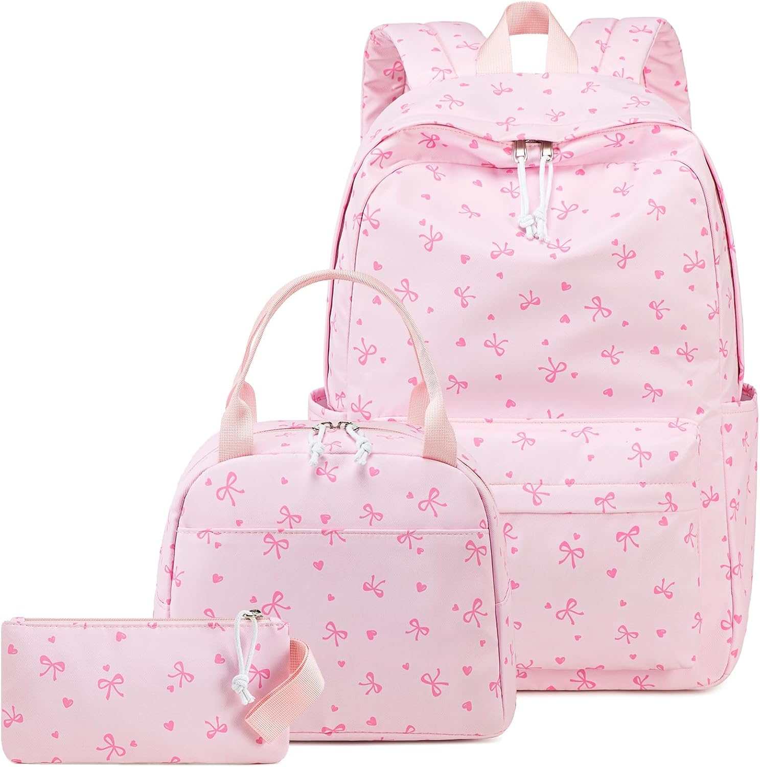 Girls Backpack with Lunch Box Set, Cute Bow School Backpack for Kids, 3-in-1 Lightweight Lunch Bag and Pencil Pouch