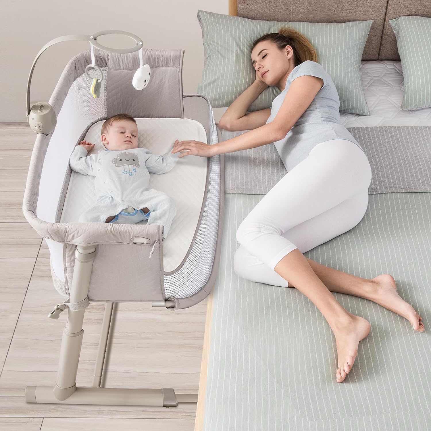 RONBEI Baby Bassinet, Bedside Sleeper Breathable Mesh Bedside Crib Bassinets, Adjustable Height Bassinet Bed for Baby/Newborn/Infants