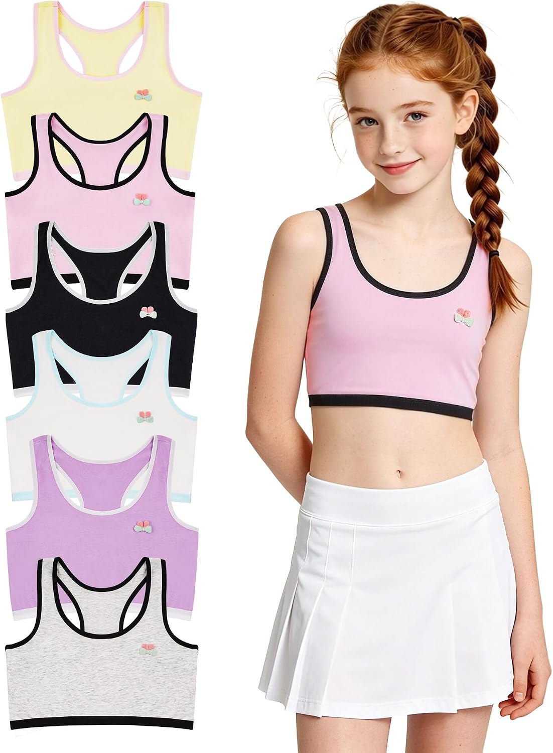 Training Bras for Girl 7-14 Kids Sports Bra Chest Double Lined, No Pads | 6 Pack, Soft Cotton, For 8-10 10-12 12-14, Racerback Stays Put, Pullover Style