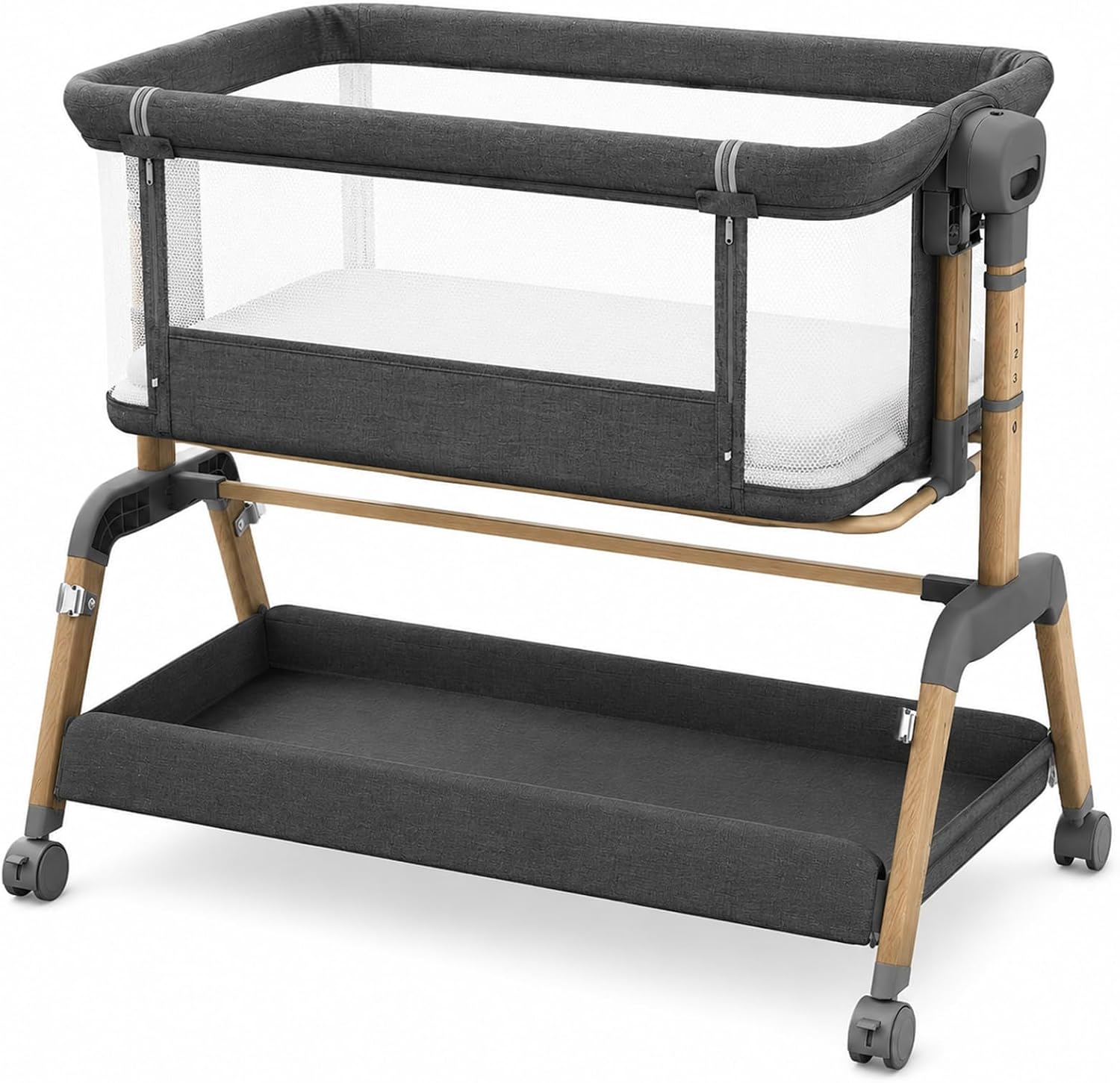 3 in 1 Baby Bassinet, Bedside Sleeper for Newborn, 7-Level Height Adjustable, Rocking Bassinet with Breathable Mesh, Lockable Wheels & Large Storage Space, Portable Baby Crib（Dark Gray）
