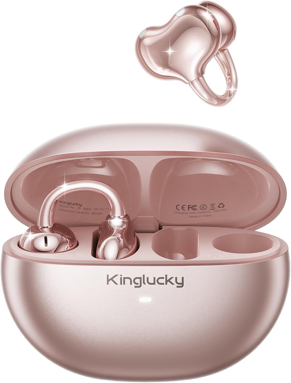 Kinglucky Upgraded Clip-On Earbuds, Open Ear Earbuds Comfortable Secure Fit | Crystal-Clear Sound, 40H Playtime, Wireless Headphones Bluetooth 6.0 for Women, Glasses & Small Ears, Sports, IP56, Rose Gold