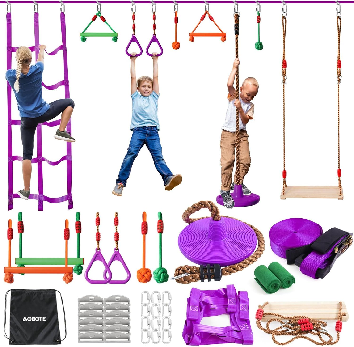 Ninja Warrior Obstacle Course for Kids-Slackline 52ft with 9 Accessries