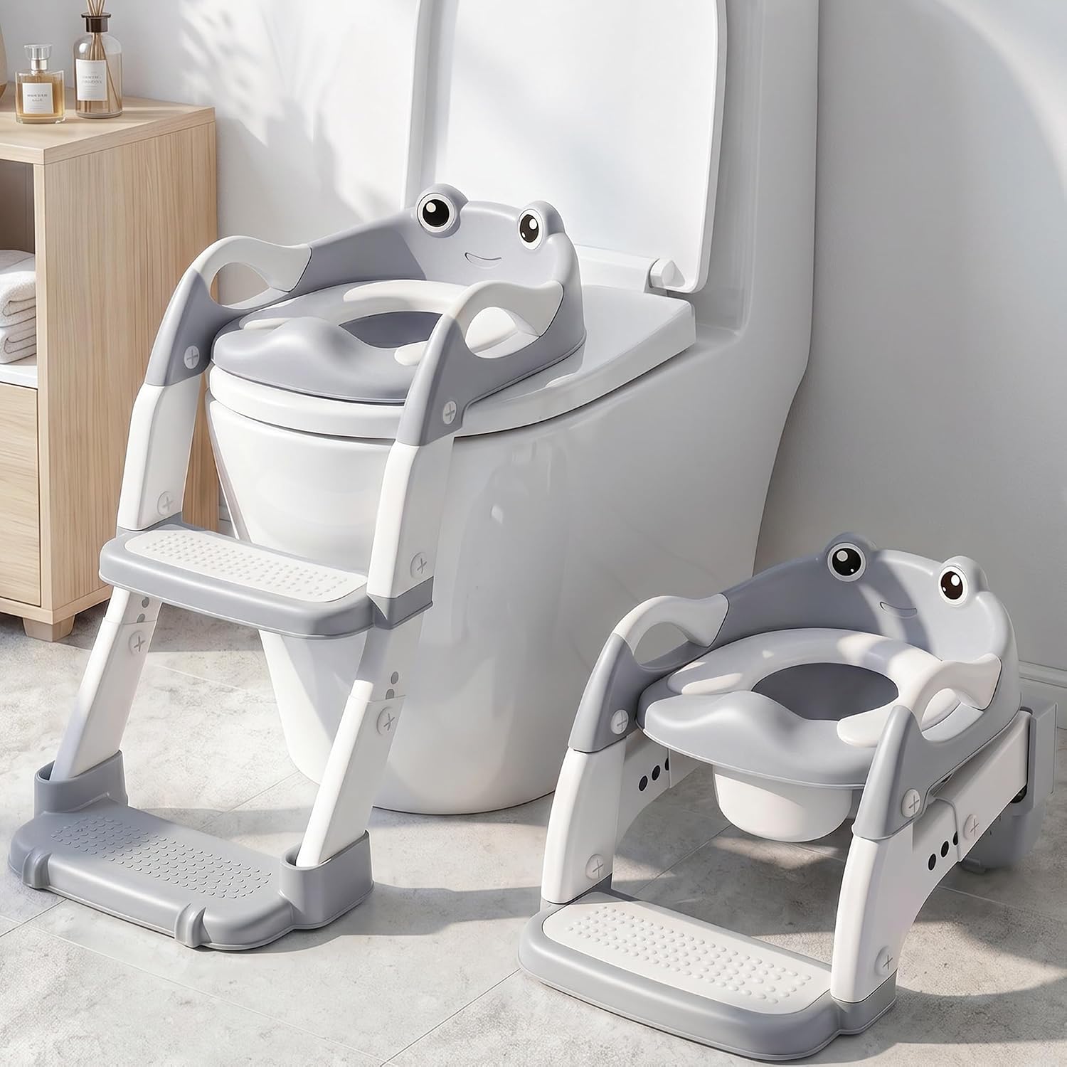 2-in-1 Potty Training Seat & Training Toilet & Potty Chair, Height AdjustableToddler Toilet Seat for Kids, Foldable Potty Training Toilet with Splash Guard & Anti-Slip Steps, Grey