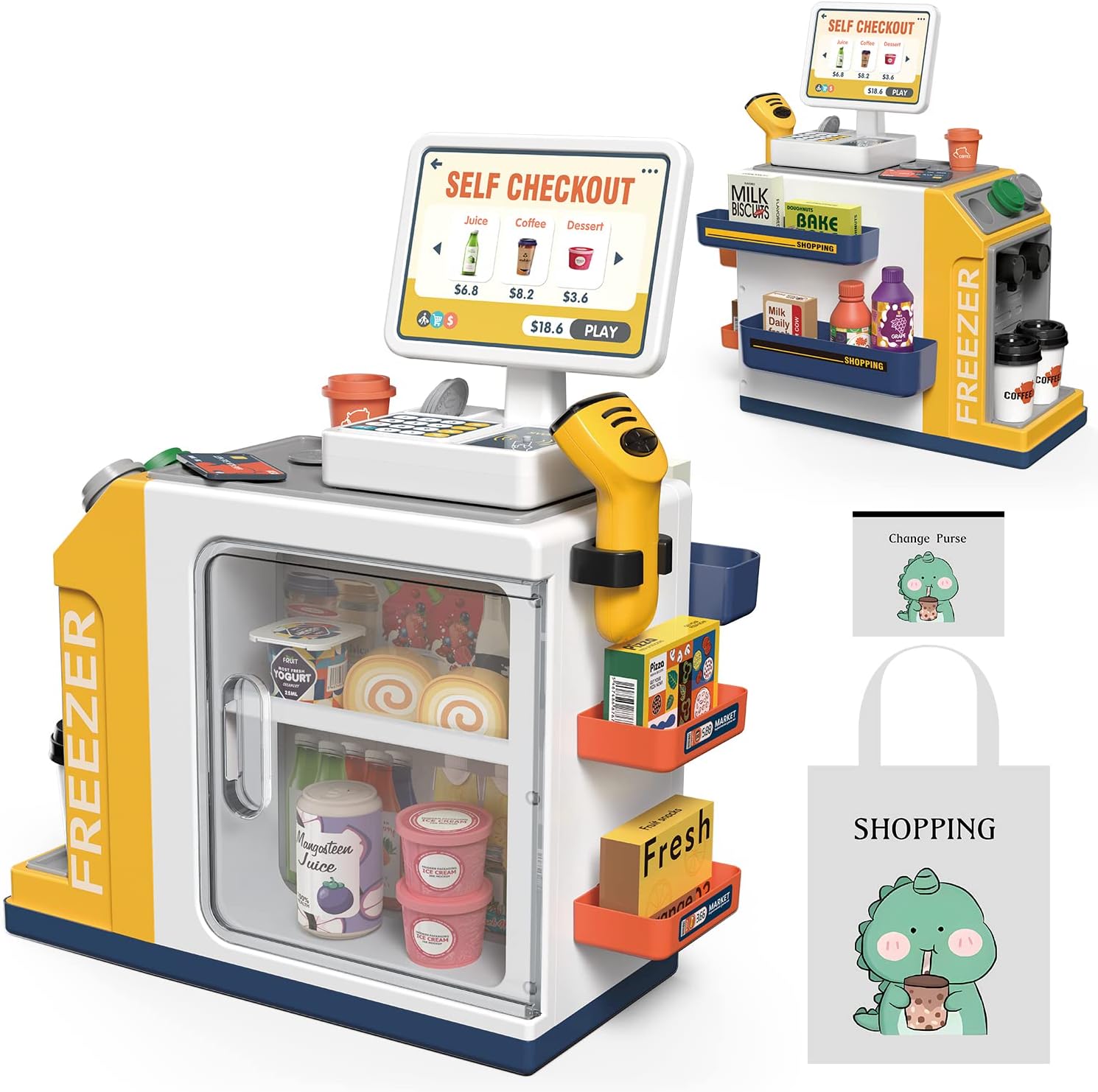 Kids Cash Register Playset – 48PCS Play Money, Calculator, Scanner,Ages 3+ | Toddlers Cash Register Playset with Credit Card & Play Food,for Boys and Girls Ages 3+ Pretend Grocery Store Shopping Playset