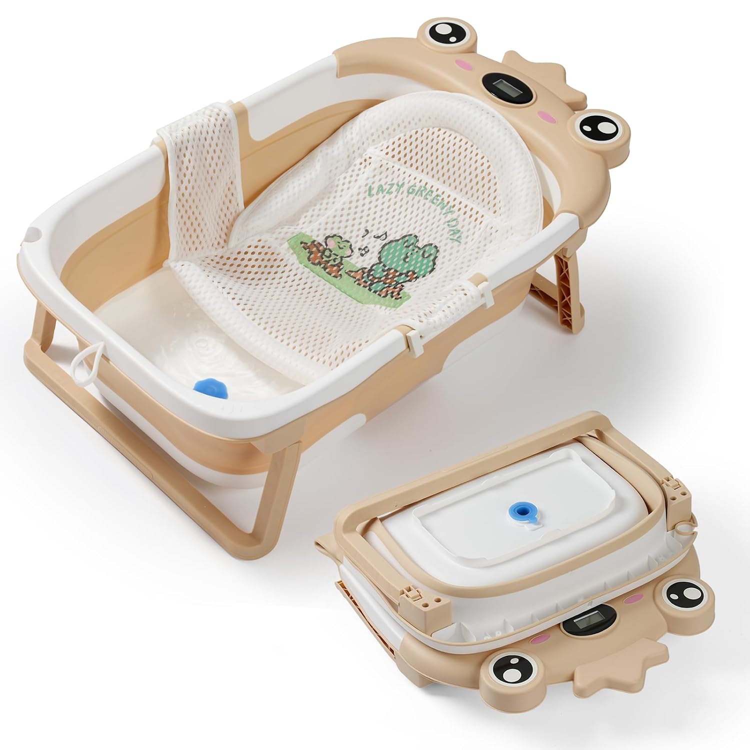 Baby Bathtub Collapsible with Cushion & Thermometer, Foldable Travel Tub | Foldable space-saving design with soft cushion and thermometer, suitable 0-36 months for safebathing at home or travel.