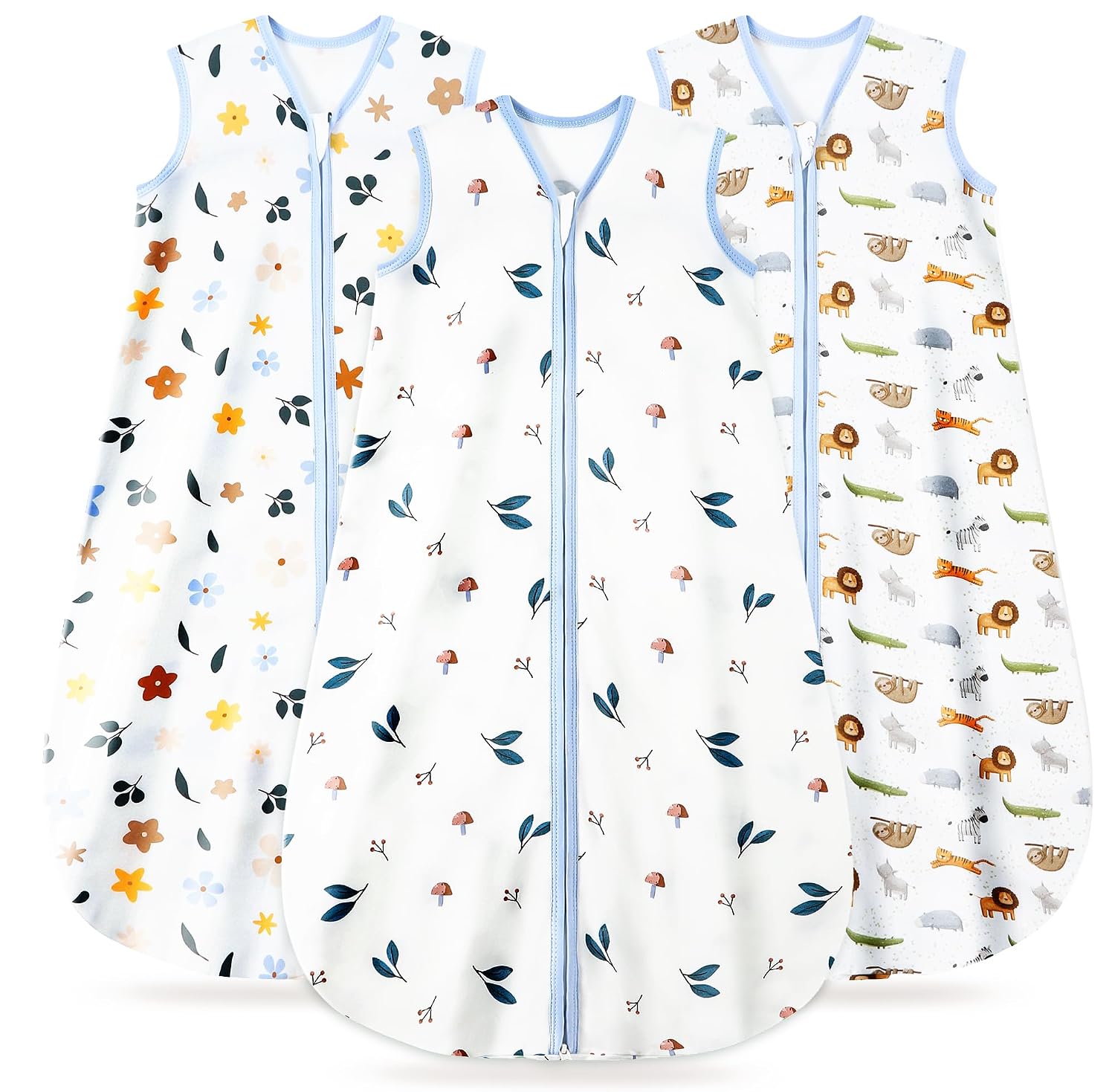 3 Pack Baby Sleep Sack 6-12 Months 100% Organic Cotton, 0.5 TOG Lightweight Wearable Blanket, 2-Way Zipper Sleeping Bag, Animal&Plant&White