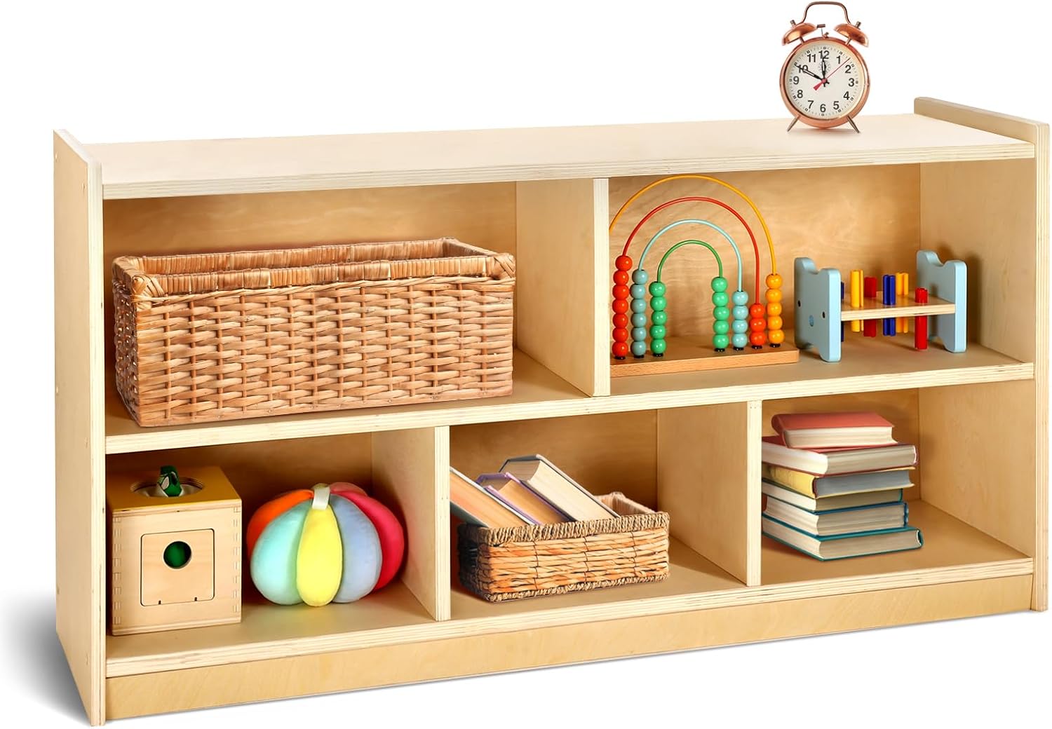 Montessori Bookshelf, 5-Section Wooden Storage Cabinet, FSC Safety | Toy Storage Organizer, 350lb Capacity Kids Bookshelf, 45″ L Montessori Shelf for Toys Kids Rooms Playroom, Classroom, Daycare