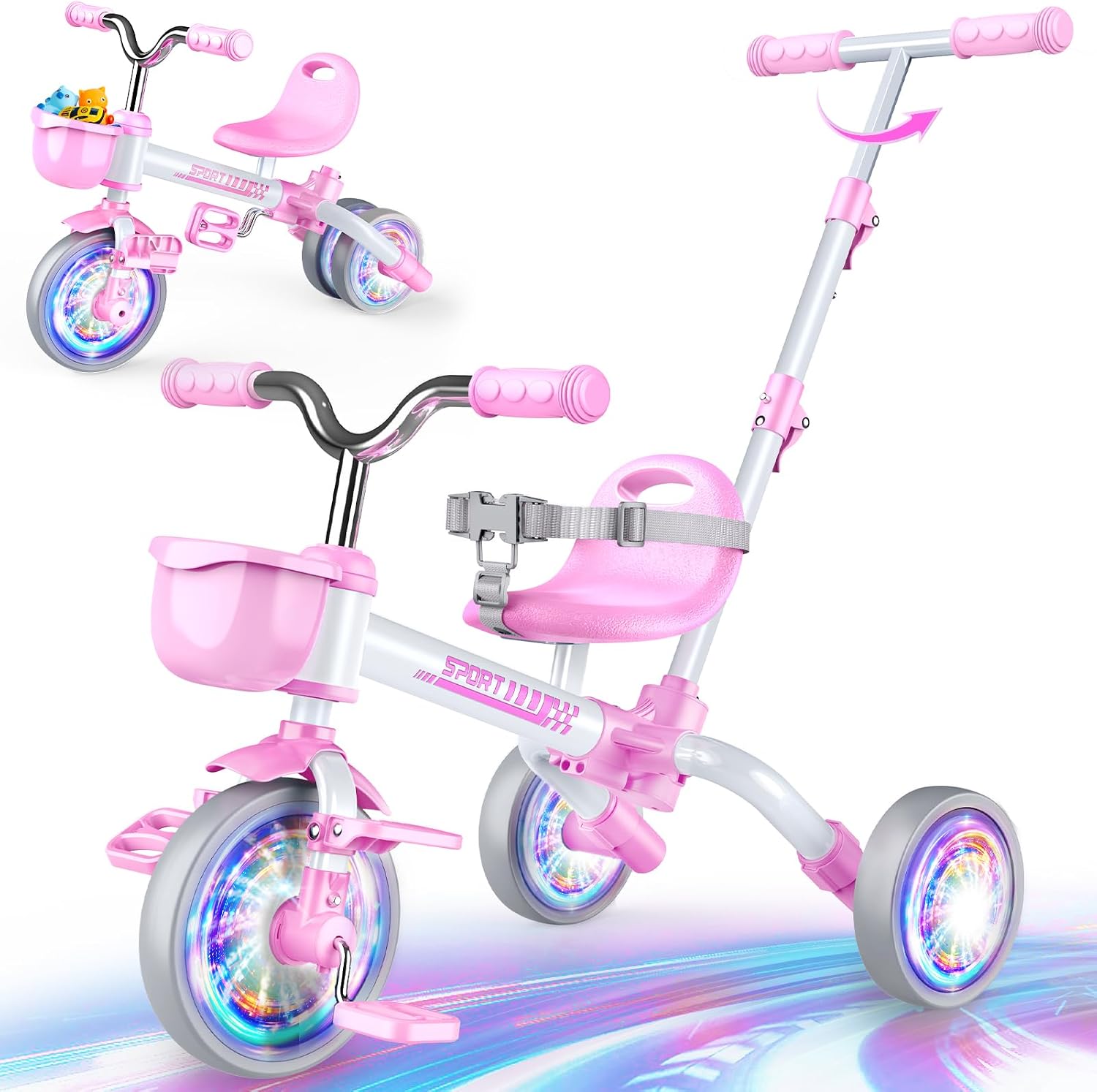 Kkdi 5 in 1 Toddler Bike for 1-3 3-5 Year Old, Tricycle with Push Handle | Convertible Baby Balance Bike, Color Light Wheel & Detachable Pedal, 4-Position Seat, Toddler Girl Birthday Gift, Toy