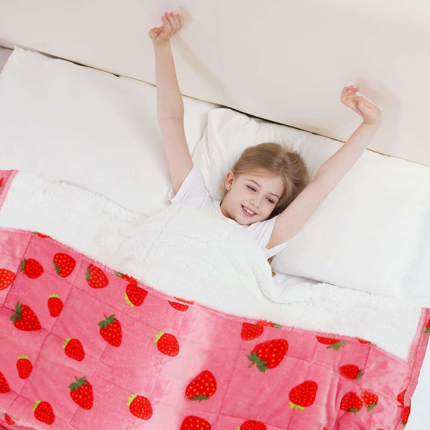 Aemicion Strawberry Pink Weighted Blanket for Girls Over 6 Years Old, Cozy Sherpa Fleece Heavy Bedding Throw 10lbs, 48″x72″ Twin Size, Machine Washable ﻿