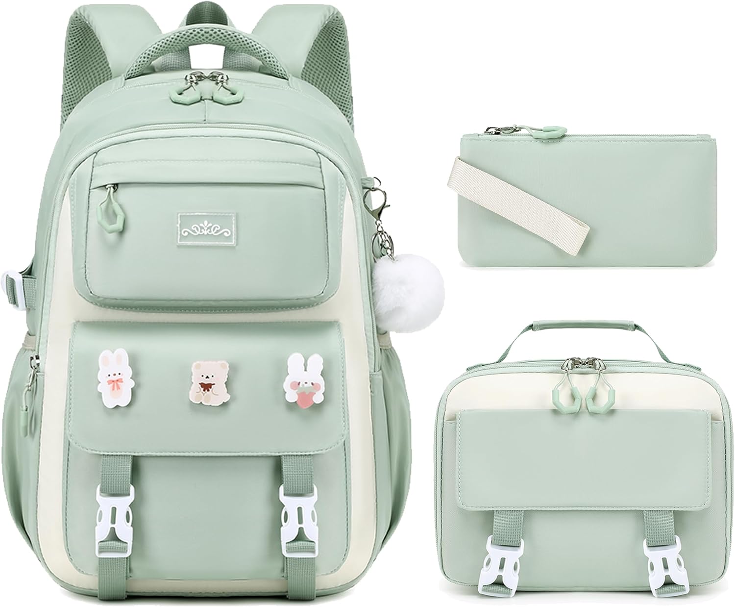 DIGOBAY Girls Backpack for School, Kids Backpack for Girls with Lunch Box | 3PCS School Bookbag with Pencil Case Cute Pins for Teen Girl Elementary Primary Middle High School College, Green