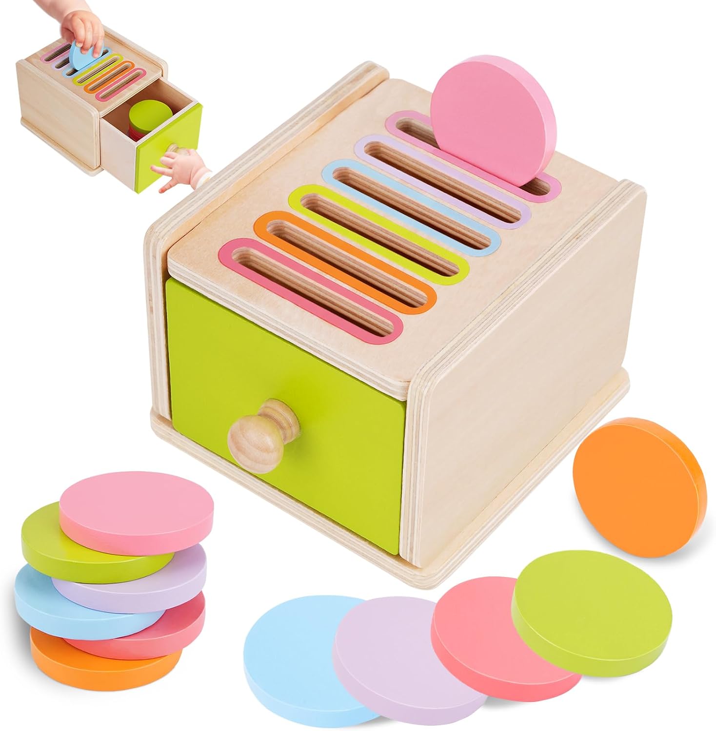 FCSONU Toddlers Montessori Coin Box Toys for 1 2 3 Year Old Boys Girls Baby | Wooden Baby Toys|Fine Motor Skills Toys, Kids Learning Color Sorting & Stacking Sensory Toys, Easter Christmas Birthday Gifts