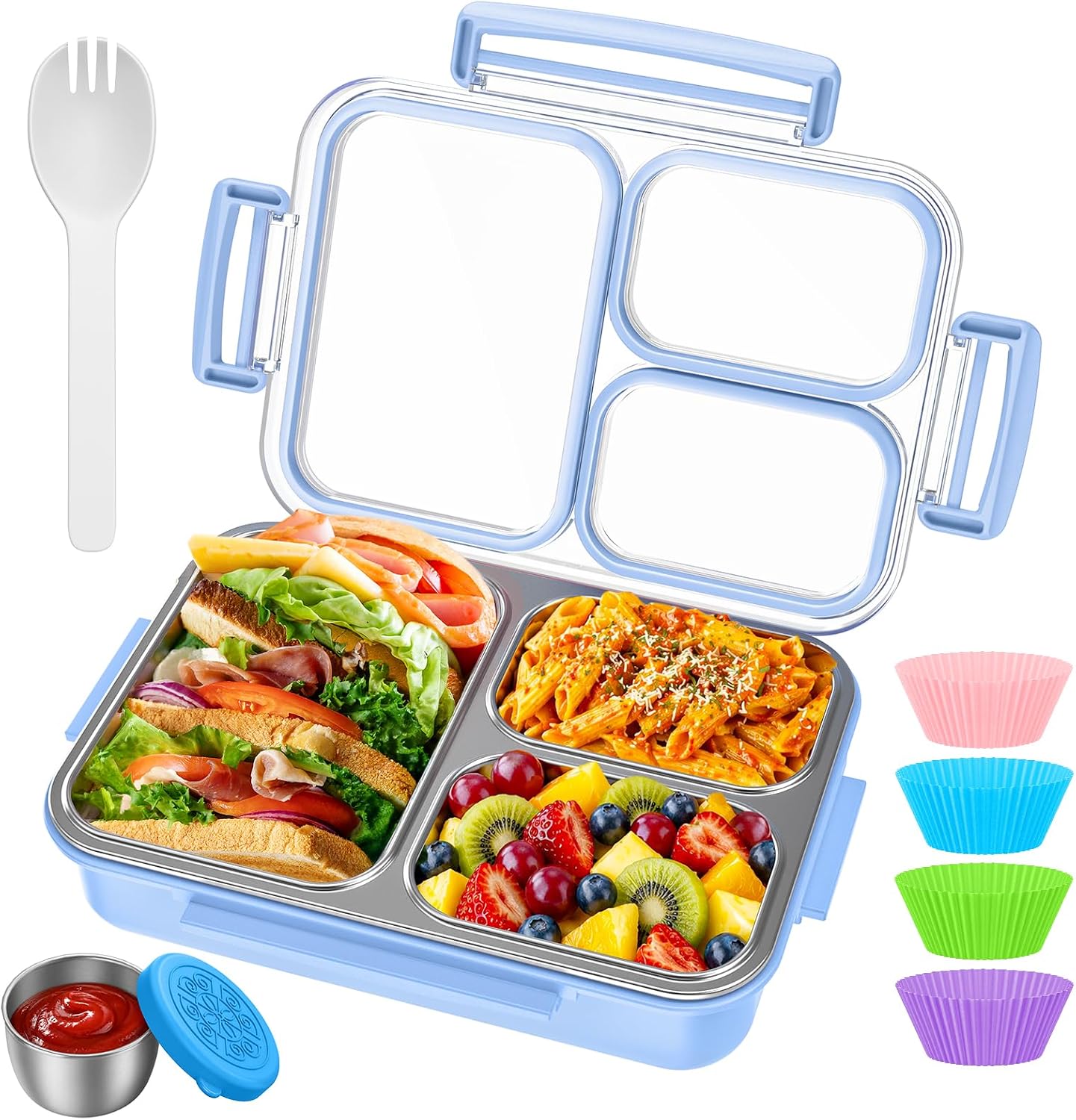 KHOXU Stainless Steel Lunch Box for Kids, Bento Box Adults, 28oz Blue | 304 Bento Lunch Box w/ Sauce Container for School Work, 3 Compartments, Leakproof, Dishwasher Safe, Freezer Safe