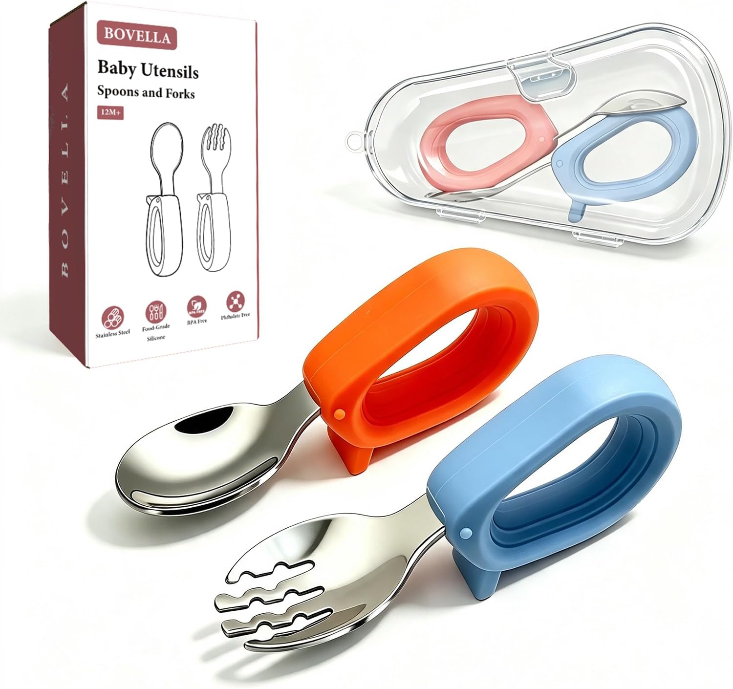 Toddler Utensils, Stainless Steel Baby Forks and Spoons Set with Silicone Handle, Kids Silverware with Portable Storage Case, Baby Feeding Essentials, Dishwasher Safe (Blue+Red)
