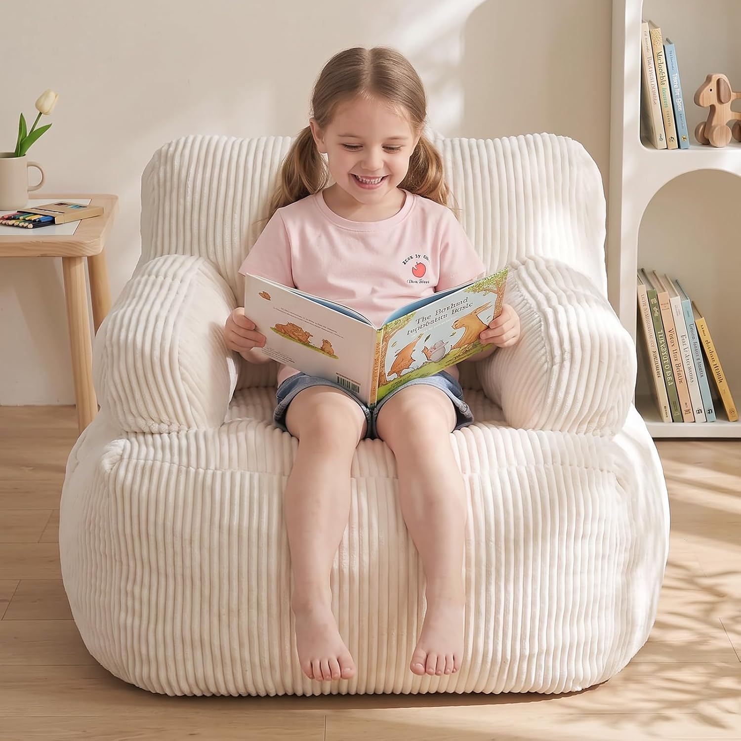 Bean Bag Chairs for Kids with Armrests, Comfy Kids Bean Bag Chair, Soft-Filled Cozy Bean Bag Sofa for Boys and Girls, Small Bean Bags for with Pocket, Floor Chair for Gaming, Reading & Relaxing, Beige