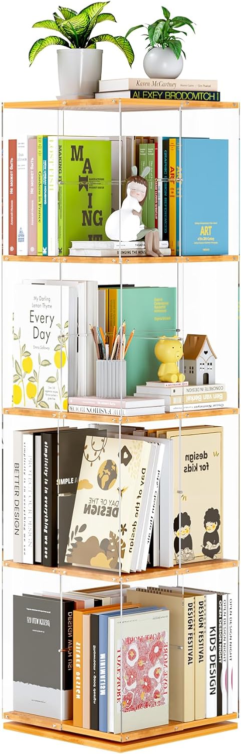 Rotating Bookshelf, 360 Degree Revolving Bookcase, 4-Tier Spinning Bookshelf, Clear Acrylic & Solid Wood Rotating Bookcase for Kid’s Playroom, Bedroom and Living Room, Square