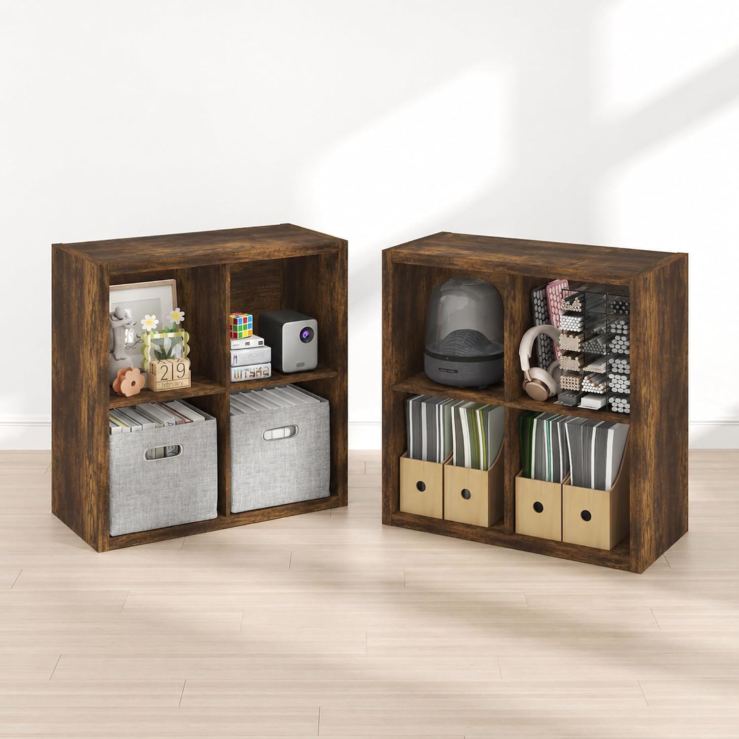 Furinno Cubicle Book Shelf Set of 2, 4-Cube Bookshelf, Amber Pine | 14.6 x 30 x 30, 1.2″ Thick Frame Bookcase with Reversible Open Back, for Living Room, Bedroom, Home Office