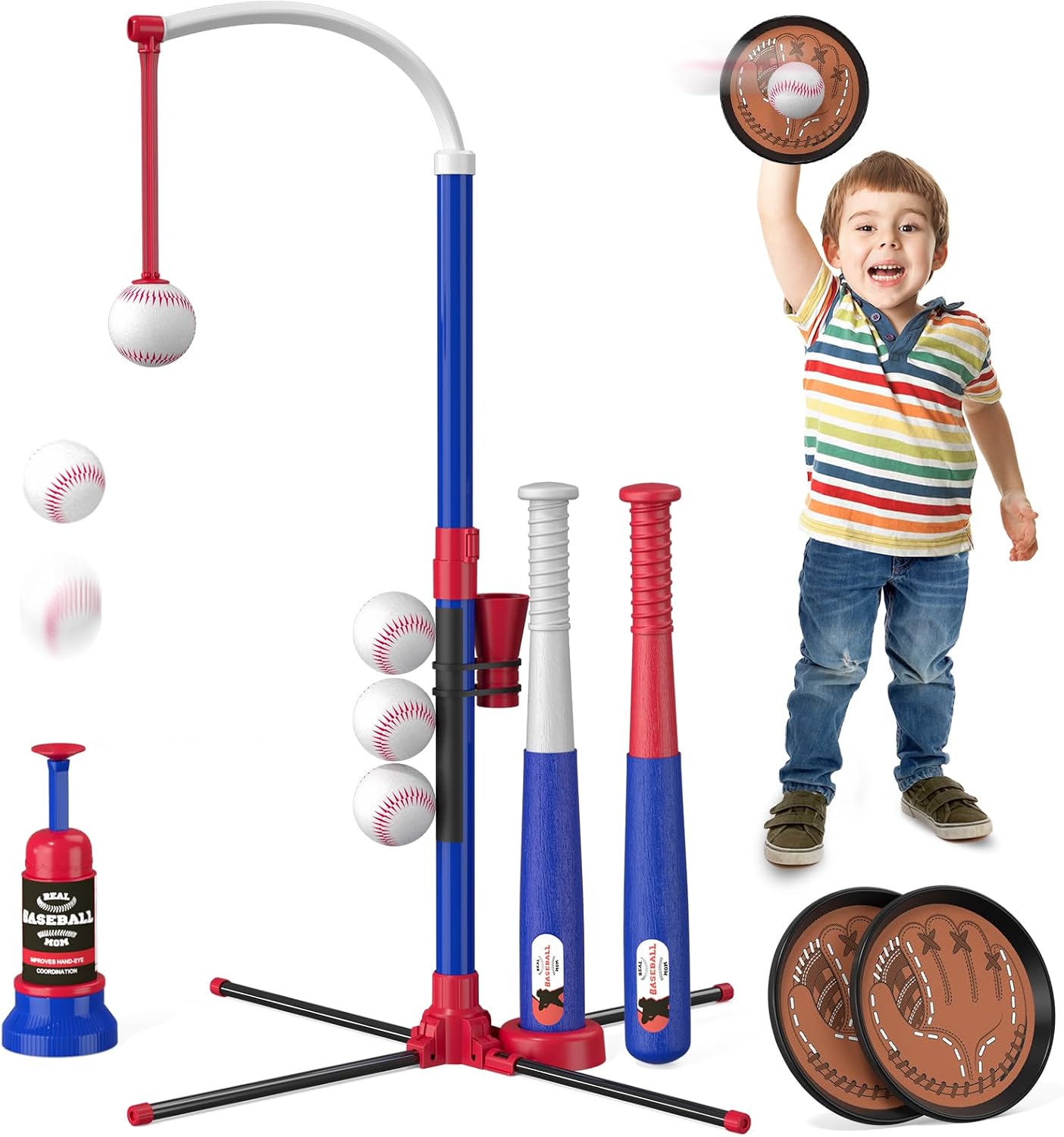 4 in 1 T Ball Sets for Kids 3-5 with Toss and Catch Ball Set | Hanging Tee Stand with Auto Pitching Machine/ 2 Bats, Indoor Outdoor Toys Birthday Baseball Gifts for Boys Girls
