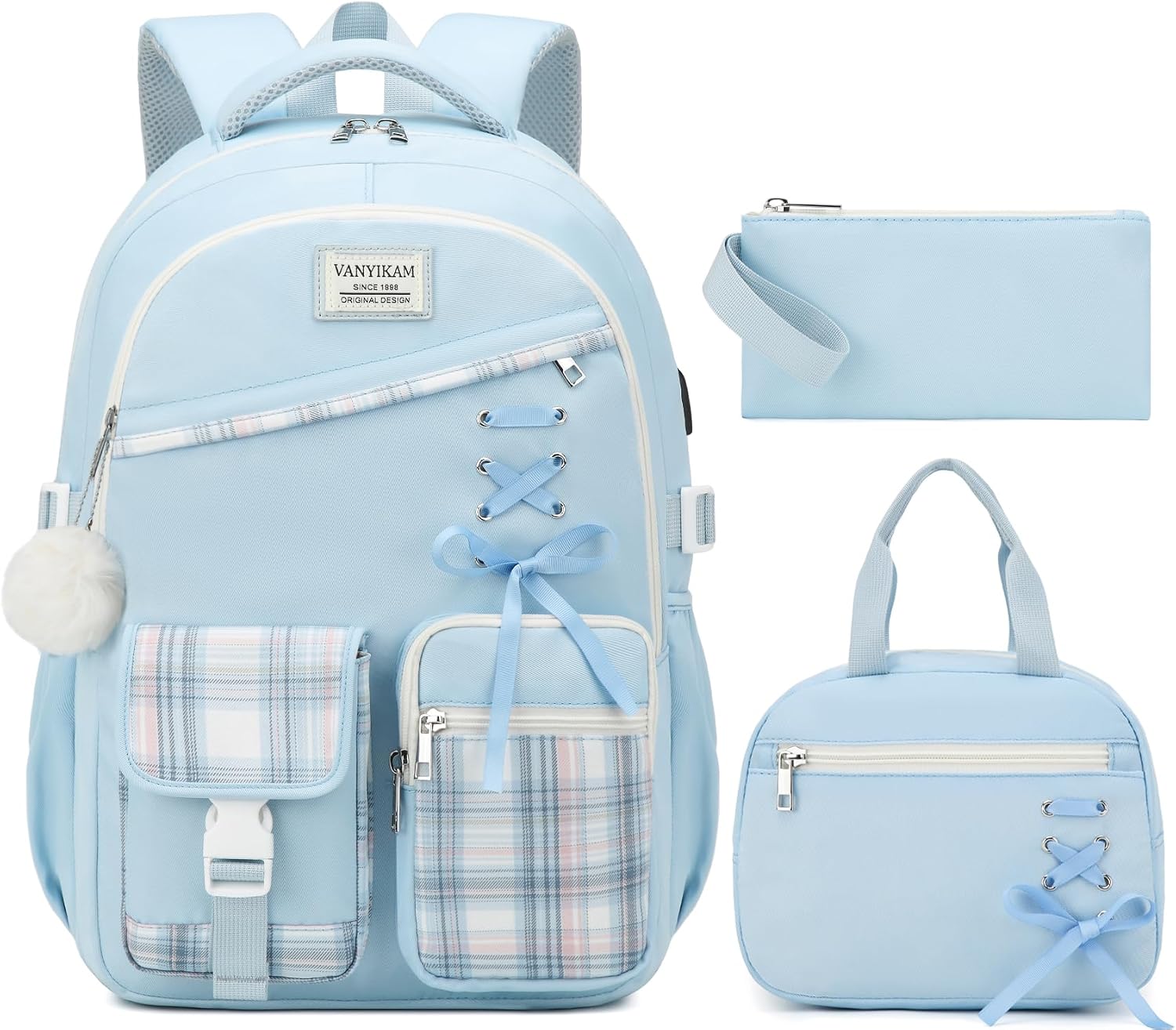 Cute School Backpack for Teen Girls, 3Pcs Kids Bookbag with Lunch Box Pencil Pouch for Elementary Middle High School College, Water Resistant Laptop Backpacks Back to School Gift, Blue Tartan