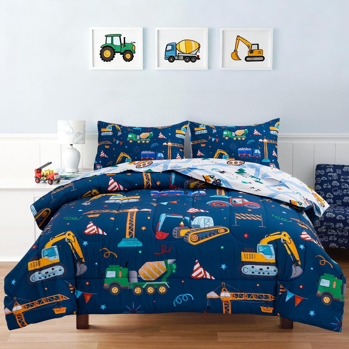 Holawakaka Boys Construction Truck Excavator Twin Comforter Set with Sheets | Kid Teen Cartoon Tractor, Crane, Cement Truck Print Bed in A Bag 5-Piece, Nursery Car Reversible Bedding Set Dorm Essentials