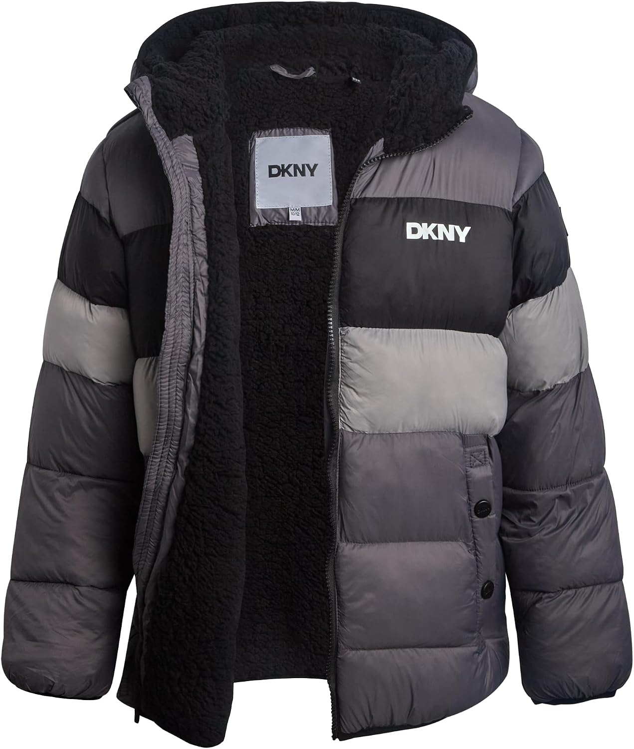 DKNY Boys Winter Jacket, Sherpa Lined Bubble Puffer, Hooded Insulated Coat | Plush Sherpa Lining for Heavyweight Warmth, Cozy Attached Hood, Secure Zip Pockets for Cold Weather School and Play