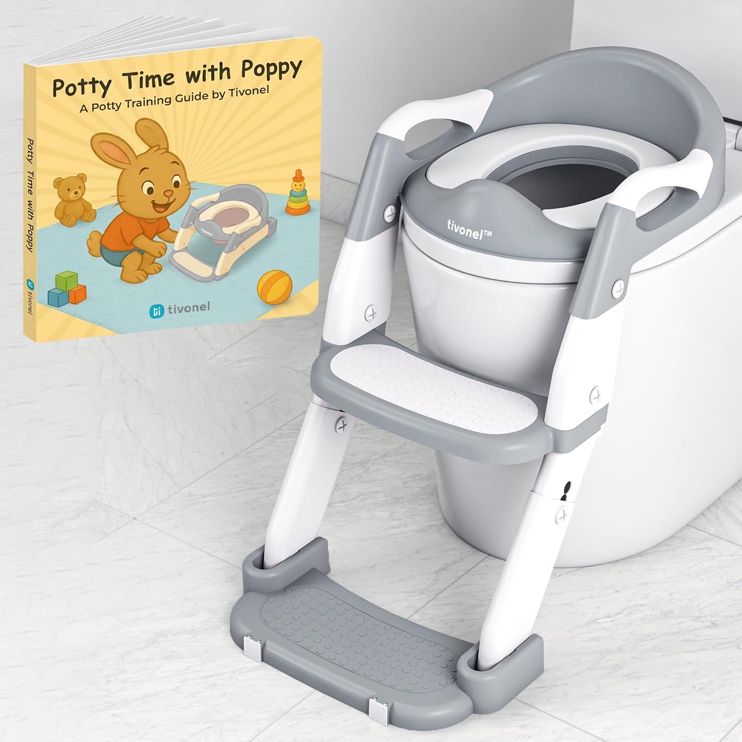 3-in-1 Toddler Potty Training Toilet Seat with Ladder | Foldable Toilet Potty Training Seat with Step Stool Ladder | 5-Level Adjustable Height | Soft Cushion, Splash Guard & Anti Slip Pad