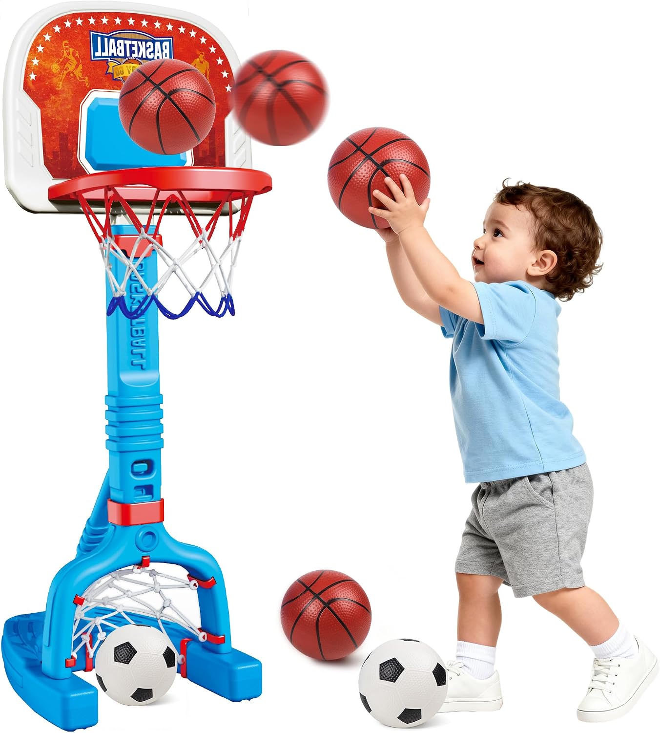 Kids Toddler Basketball Hoop & Soccer Goal, Adjustable Height 2-4.4 ft | Mini Kids Basketball Hoop for Indoor Outdoor, Weighted Base, BPA-Free Toddler Toys Playset for Boys Girls