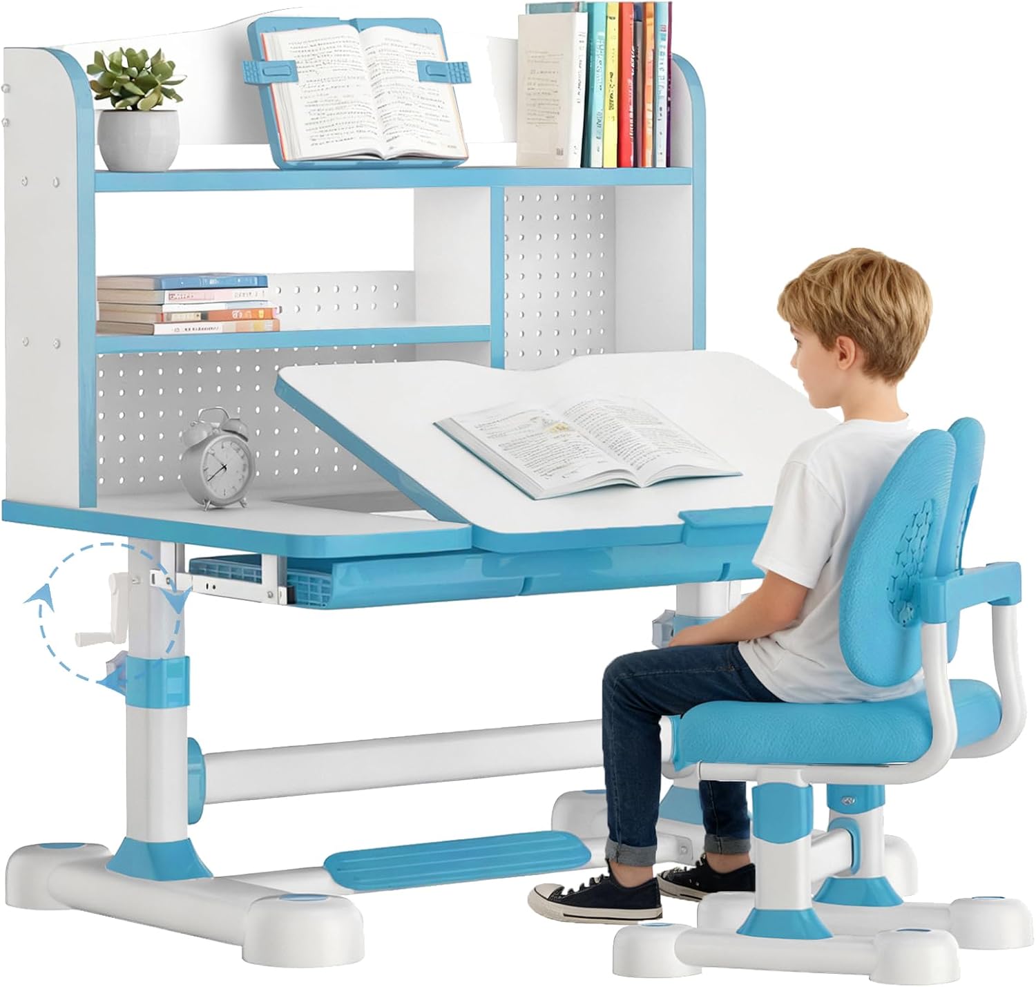 Kid Study Desk and Chair Set 3-12 Height Adjustable Ergonomic Desk | School Art Desk, 50° Tiltable Desktop, Easy-Turn Crank, Storage Drawer & Built-in Bookstand for Children Boys & Girls