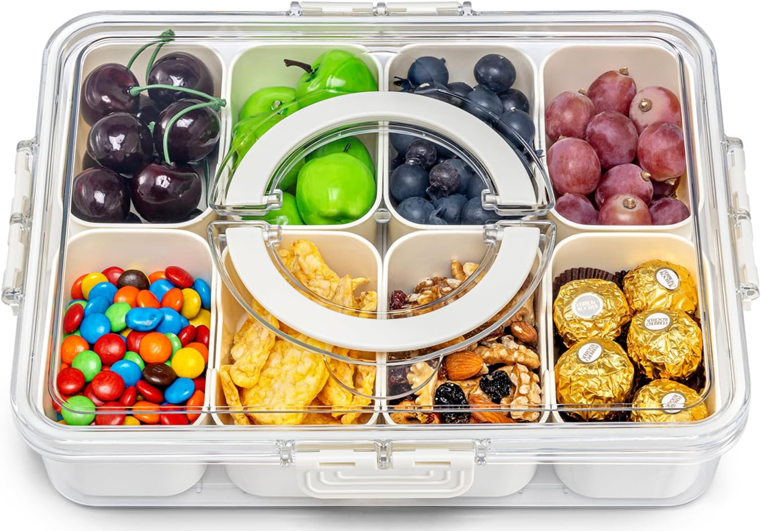 Pure Future Air-Tight Snackle Box Container –Divided Serving Tray with Lid & Handle–Clear Snack box for Fruits, Candy & Nuts–Portable for Travel & Daily Use (8 Inside Containers Dishwasher Safe)