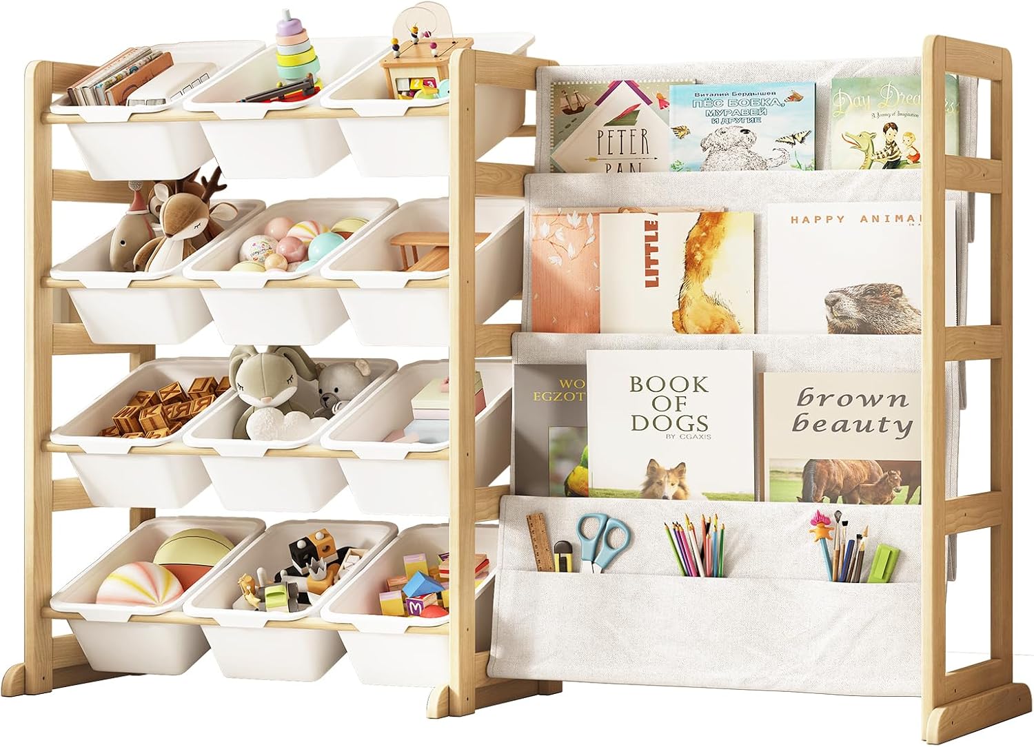 EXPERLAM Toy Storage Organizer with Bookshelf, Kids Toy Organizer and Storage Shelf with 12 White Bins, Solid Pine Wood Book Rack for Playroom, Nursery, Kids Room, Toys and Books