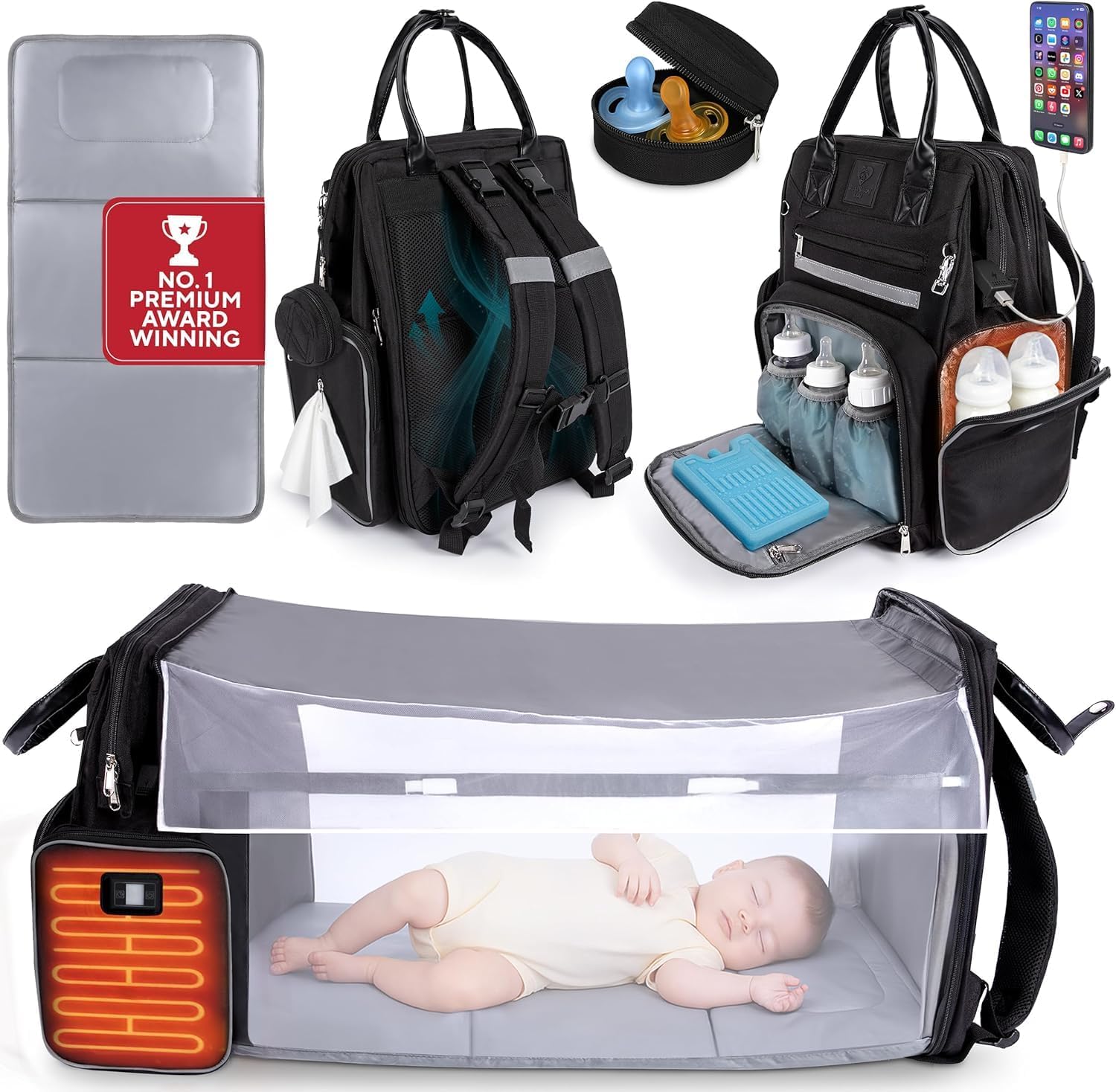 Premium Baby Diaper Bag with Changing Station, Diaper Bag Backpack w/ Pad | Award-winning, built-in changing station, warming pockets, waterproof, travel ready, unisex