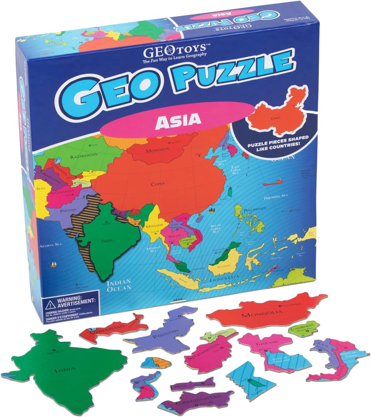 GeoPuzzle Asia Jigsaw Puzzles, 50 Pc Map Puzzle for Kids Ages 6 and Up | Educational Geography Game for Families, Kids Learning Activities, Fun Interactive Country Puzzle for Home, School or Travel