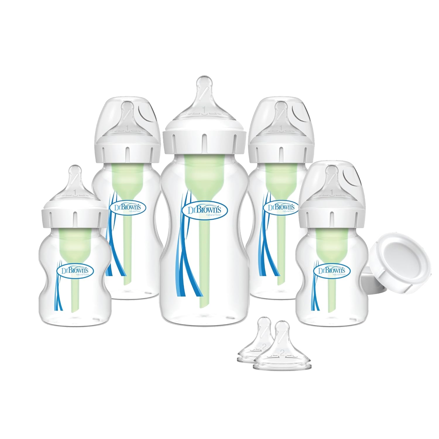 Dr. Brown’s Anti-Colic Options+ Wide-Neck Baby Bottle Feeding Set, 5 oz/9 oz, with Bottle Travel Caps (Packaging May Vary)