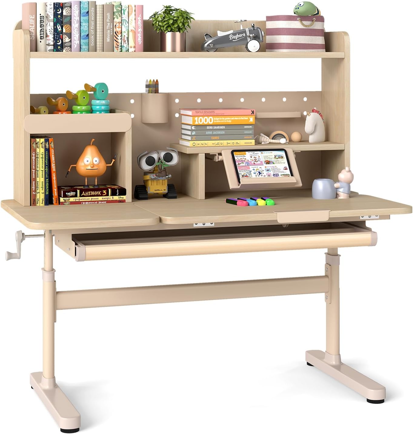 Costzon Kids Desk, Height Adjustable Student Table w/Tilt Desktop, Retractable Book Stand, Hutch, Drawer, Pen Holder, Tray & Scale Ruler, Children Study Desk for Reading Writing Drawing